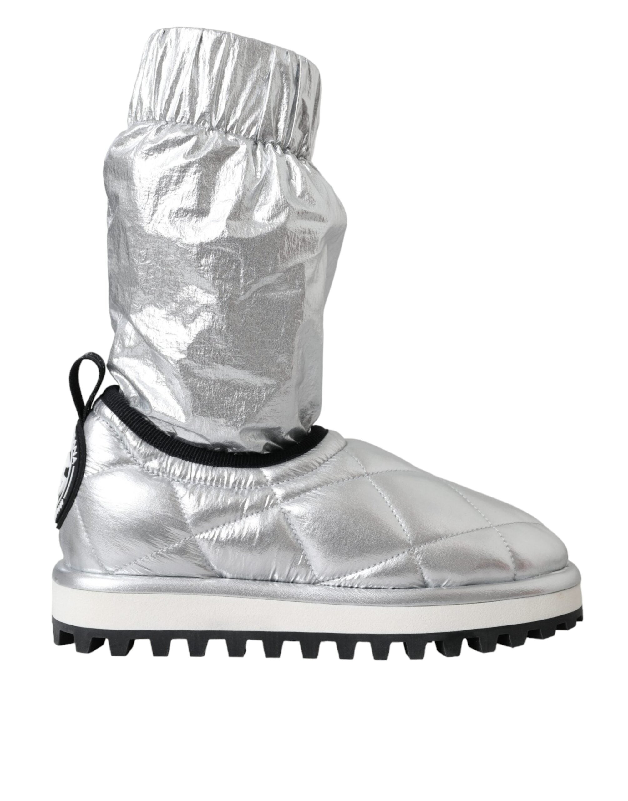 Dolce & Gabbana Metallic Silver Quilted Logo Patch Boot Shoes LUNESCAPE