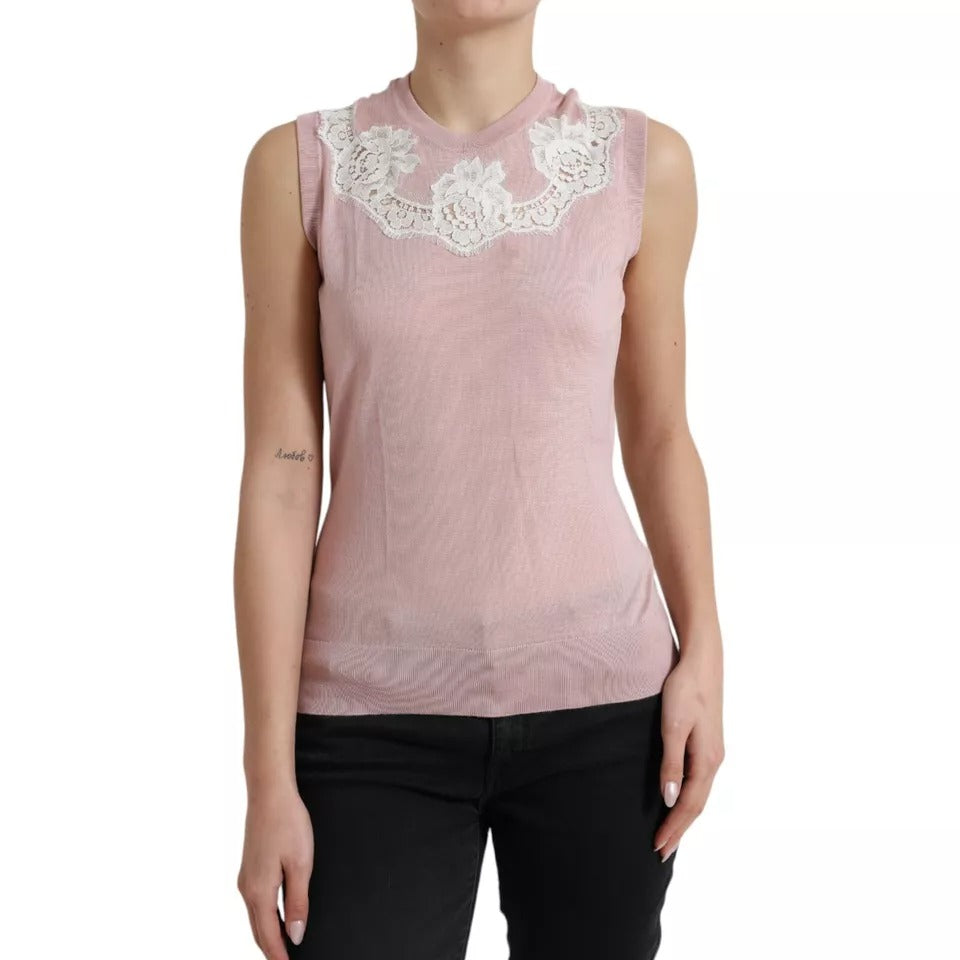 Dolce & Gabbana Pink Cashmere Lace Trim Sleeveless Tank Top LUNESCAPE