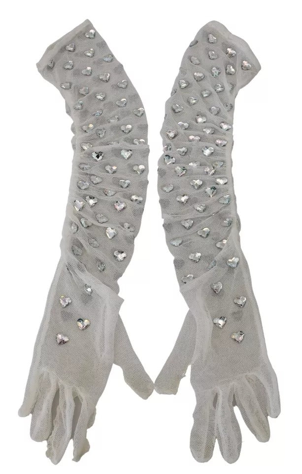 Dolce & Gabbana White Crystal Elbow Length Cotton Tulle Gloves LUNESCAPE