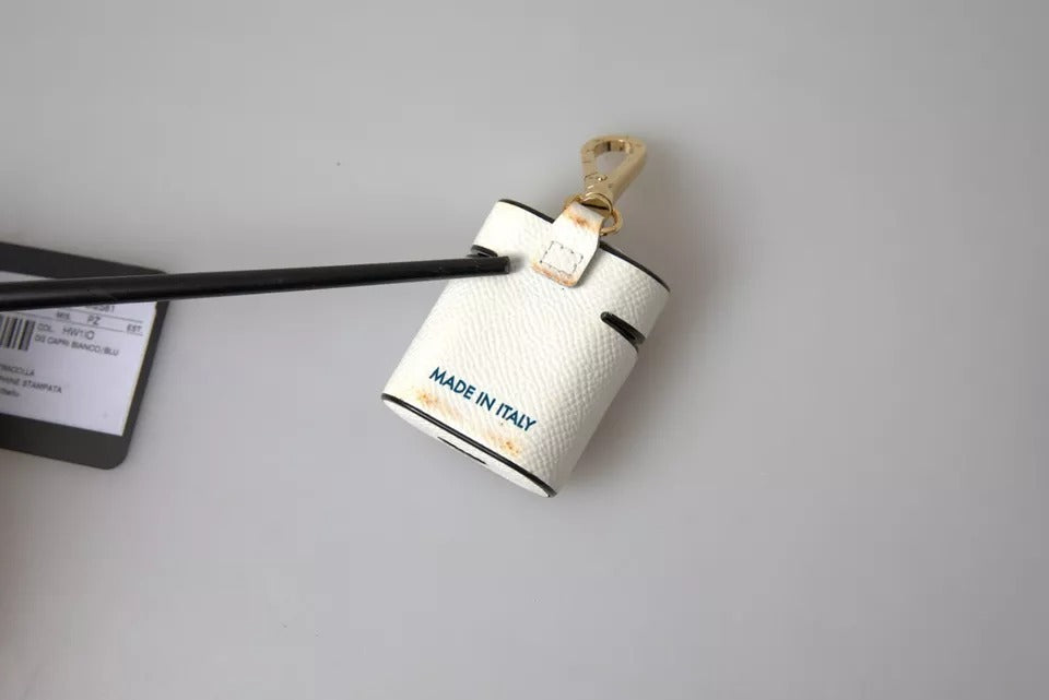 Dolce & Gabbana White Blue Calf Leather Logo Print Strap Airpods Case