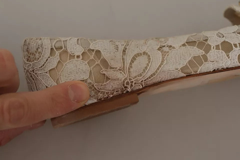 Dolce & Gabbana Beige Lace Crystal Ballet Flats Loafers Shoes