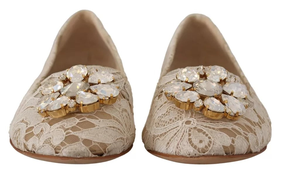 Dolce & Gabbana Beige Lace Crystal Ballet Flats Loafers Shoes LUNESCAPE
