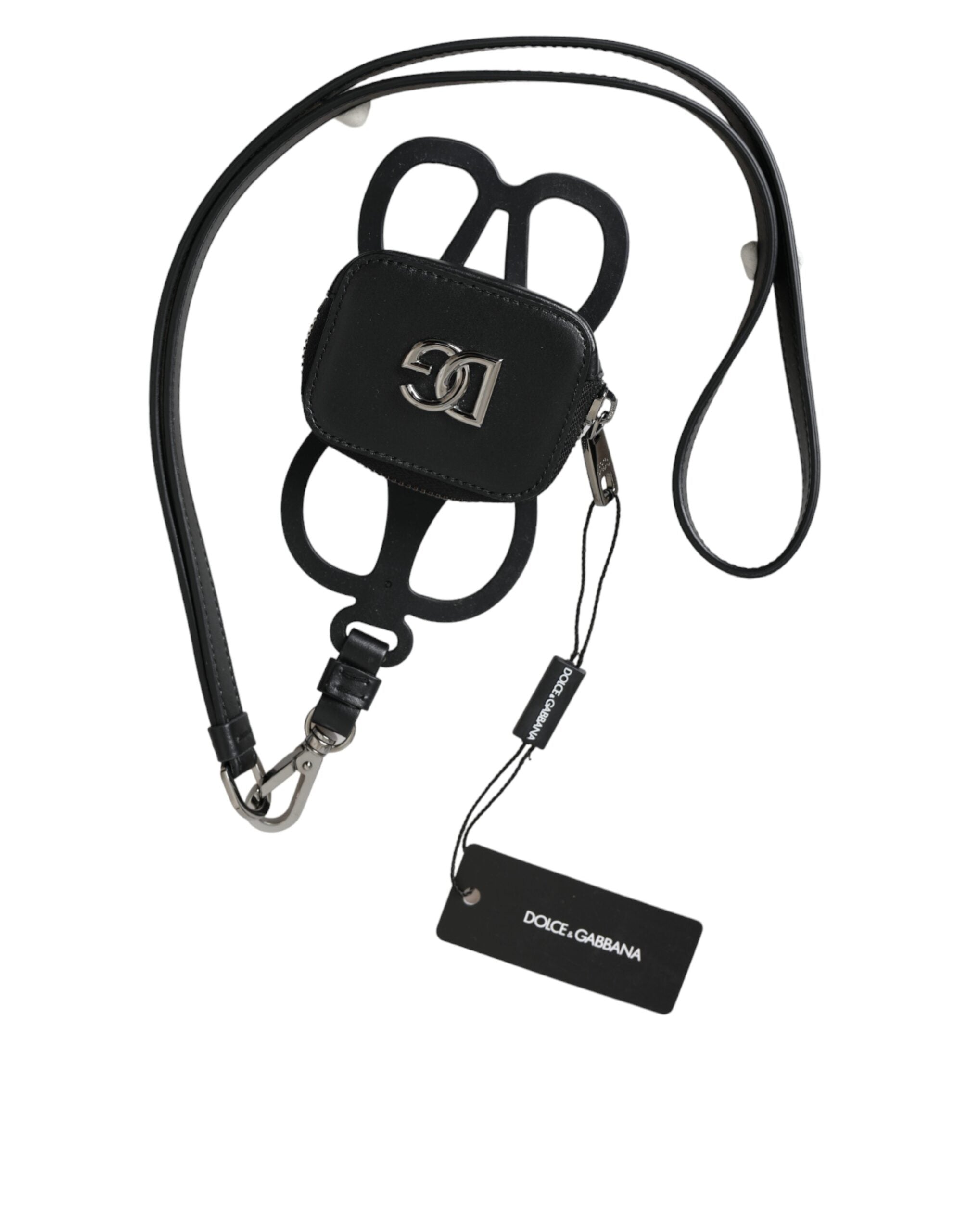 Dolce & Gabbana Black Calfskin Leather DG Logo Lanyard Wallet