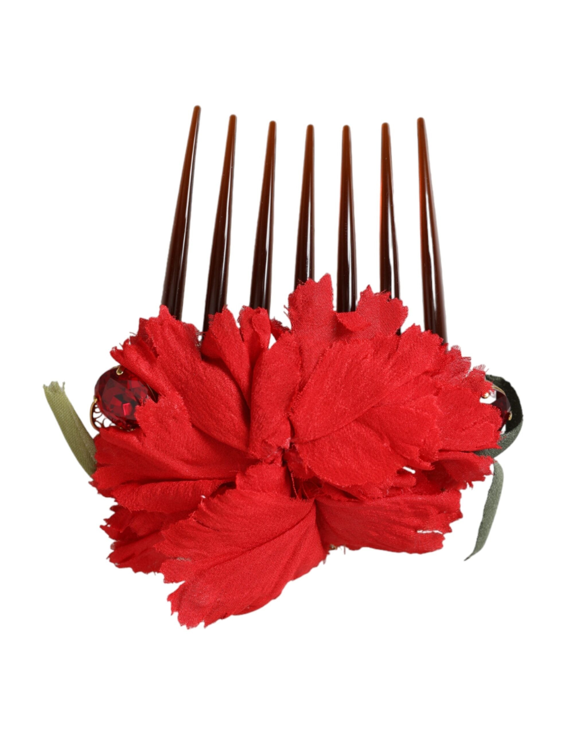 Dolce & Gabbana Red Silk Floral Gold Brass Women Hair Comb LUNESCAPE