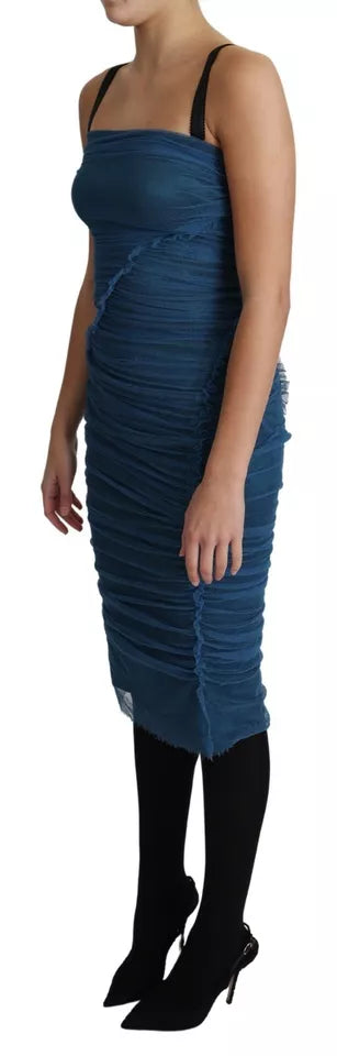 Dolce & Gabbana Blue Draped Tulle Midi Sheath Cotton Dress LUNESCAPE