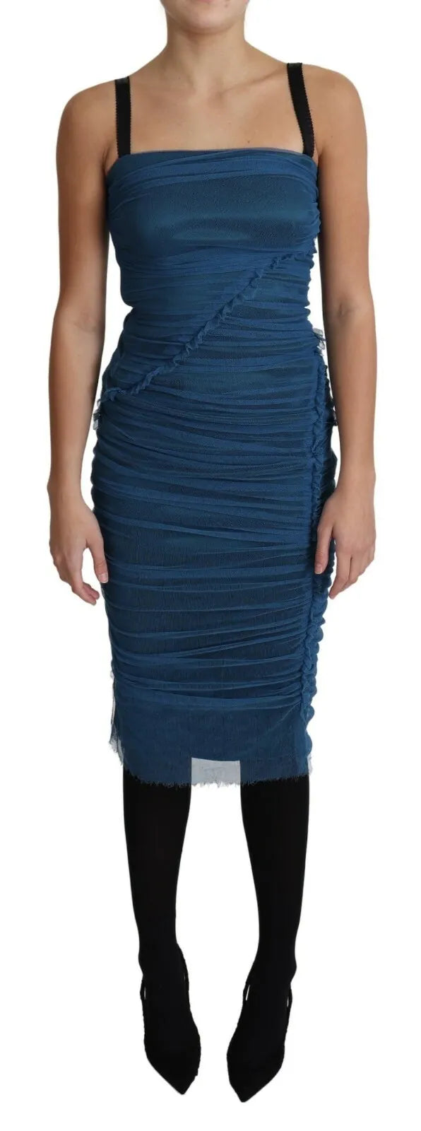 Dolce & Gabbana Blue Draped Tulle Midi Sheath Cotton Dress LUNESCAPE
