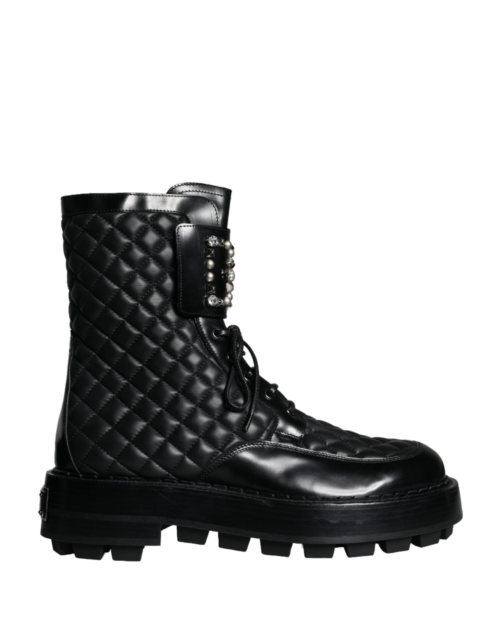 Dolce & Gabbana Black Quilted Crystal DG Logo Men Boots Shoes LUNESCAPE