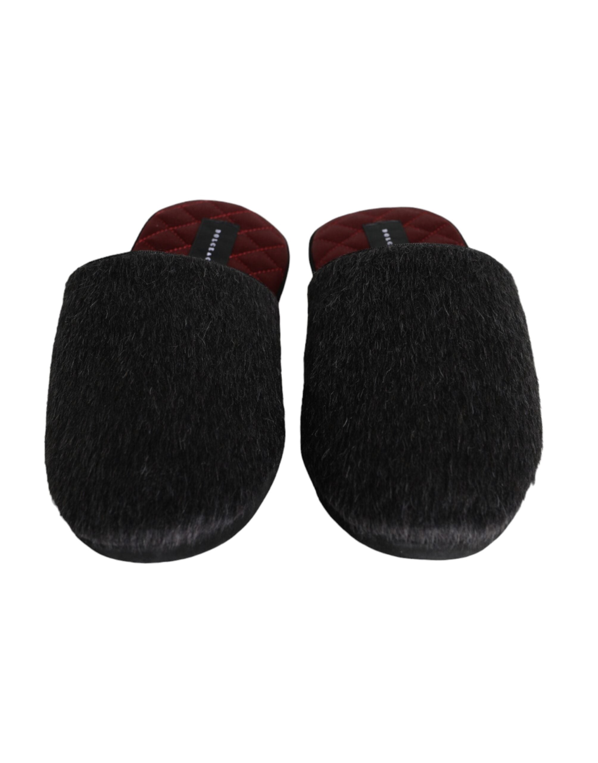 Dolce & Gabbana Black Faux Fur Slides Slippers Slip On Shoes LUNESCAPE