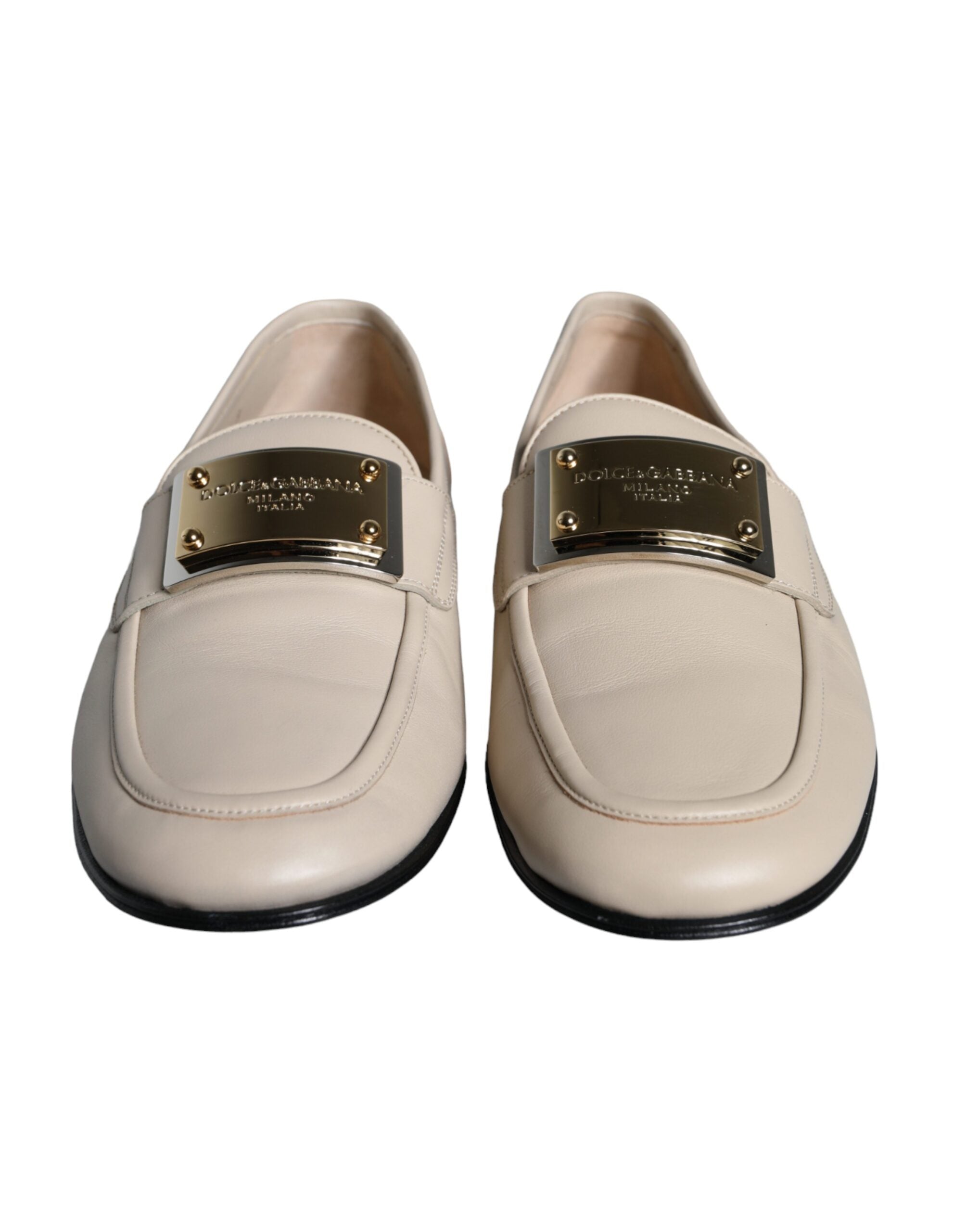 Dolce & Gabbana Beige Leather Logo Plaque Slip On Men Loafers Shoes LUNESCAPE