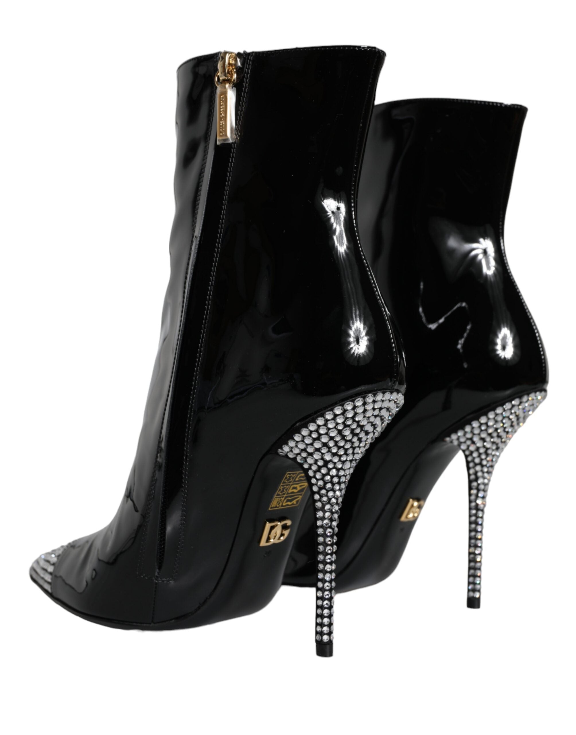 Dolce & Gabbana Black Patent Leather Crystal Heel Boots Shoes LUNESCAPE
