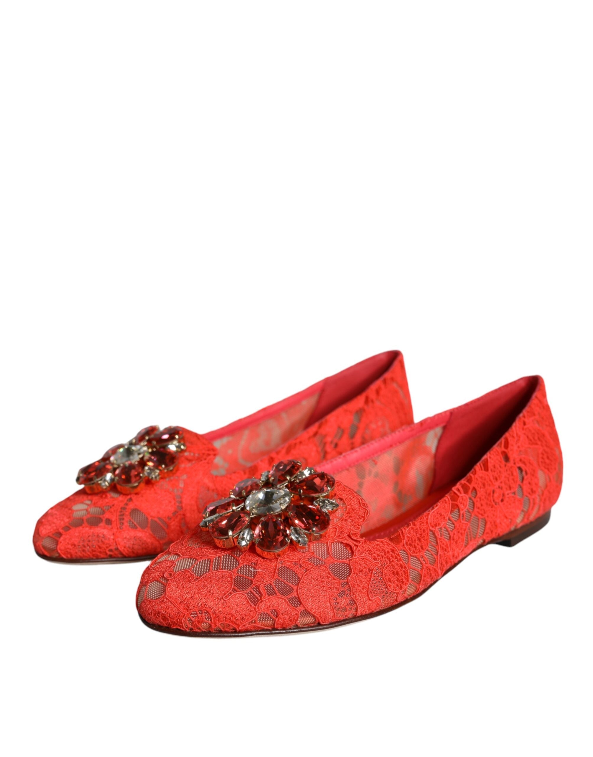 Dolce & Gabbana Coral Lace Crystal Ballet Flats Loafers Shoes LUNESCAPE