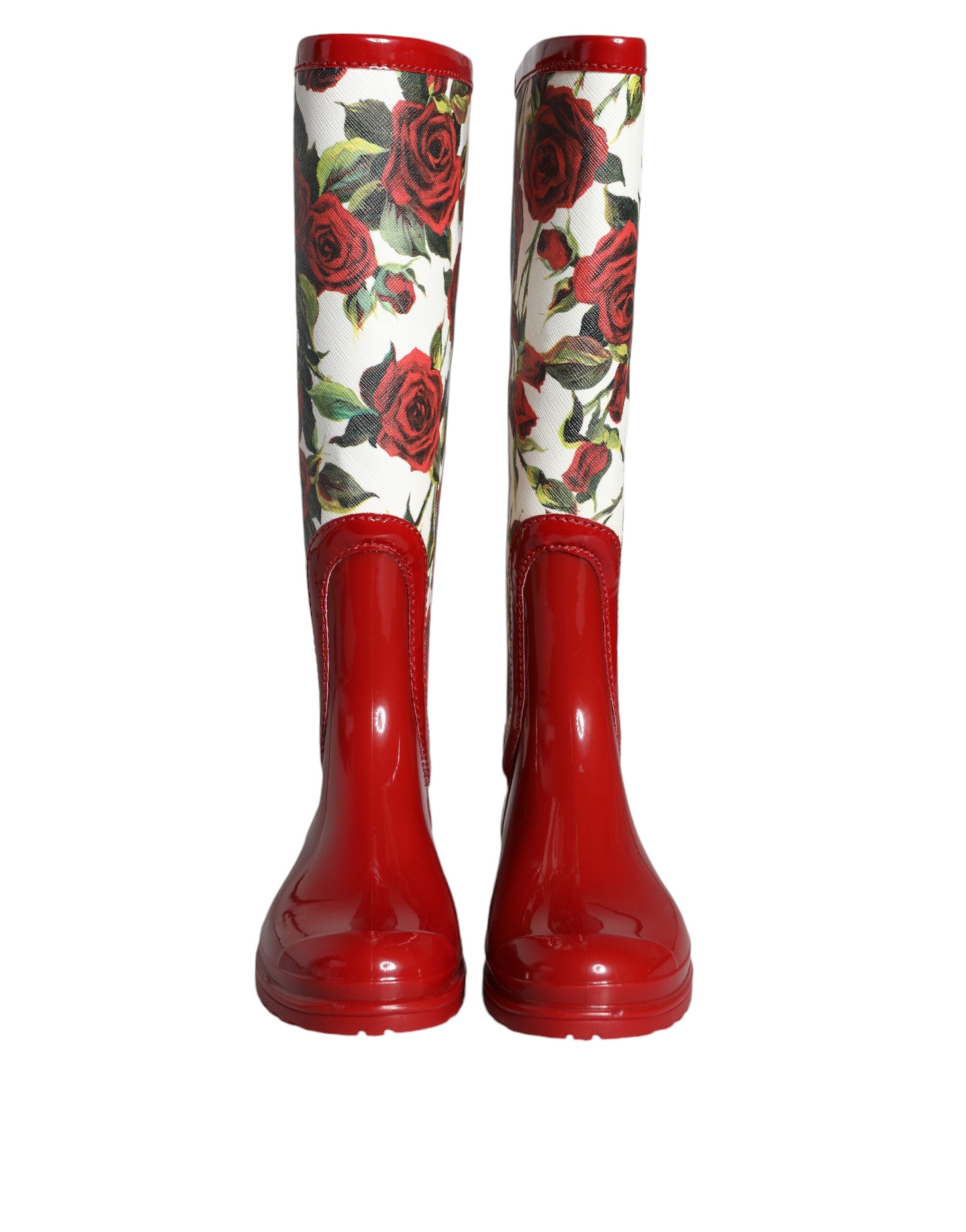 Dolce & Gabbana Red Floral Rubber Knee High Flat Boots Shoes LUNESCAPE