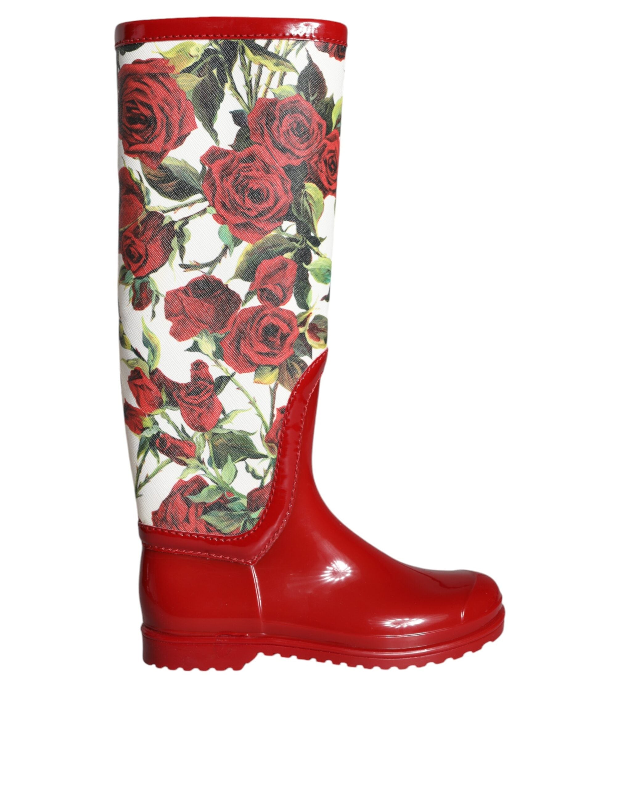 Dolce & Gabbana Red Floral Rubber Knee High Flat Boots Shoes LUNESCAPE