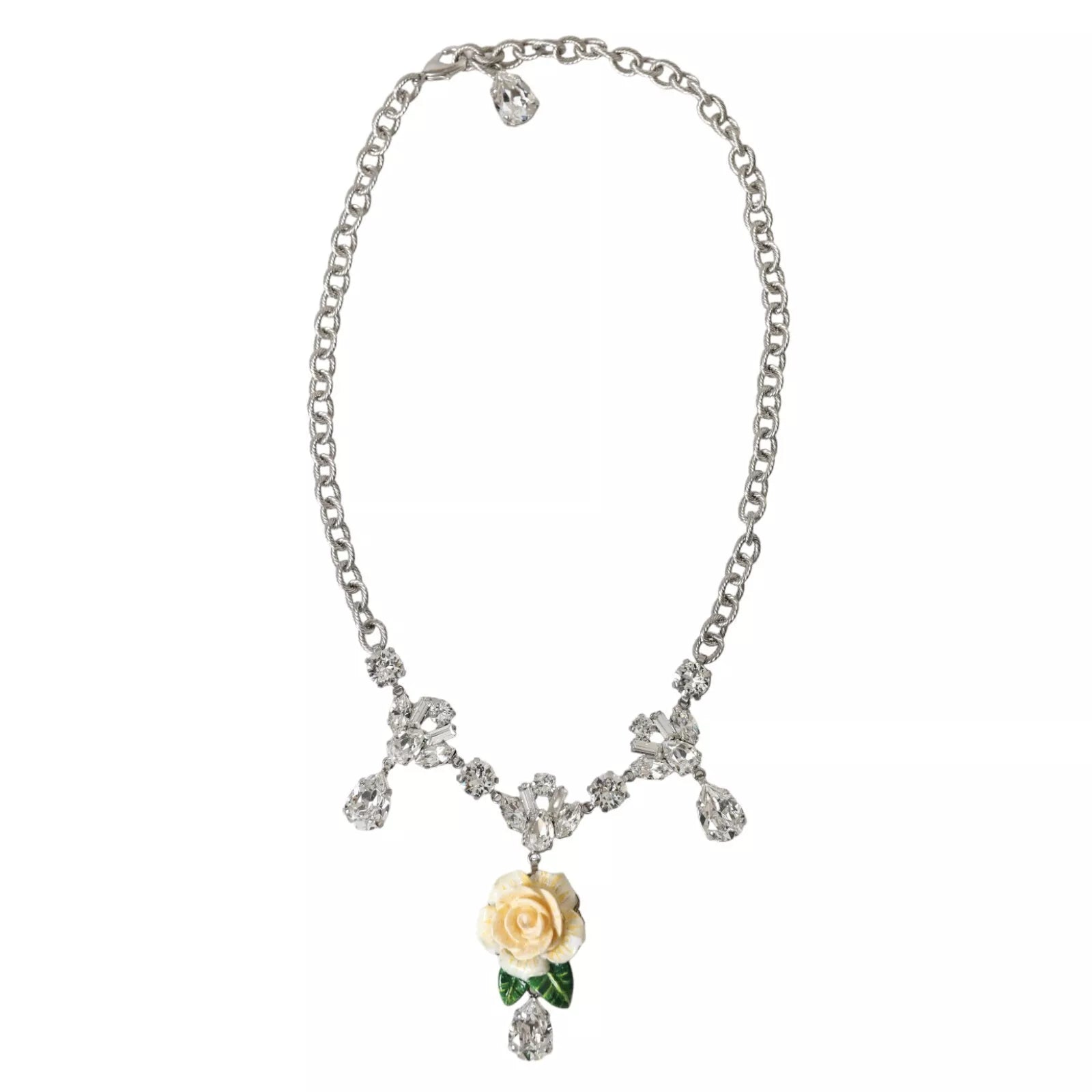 Dolce & Gabbana Silver Brass Clear Crystal Roses Pendants Necklace LUNESCAPE