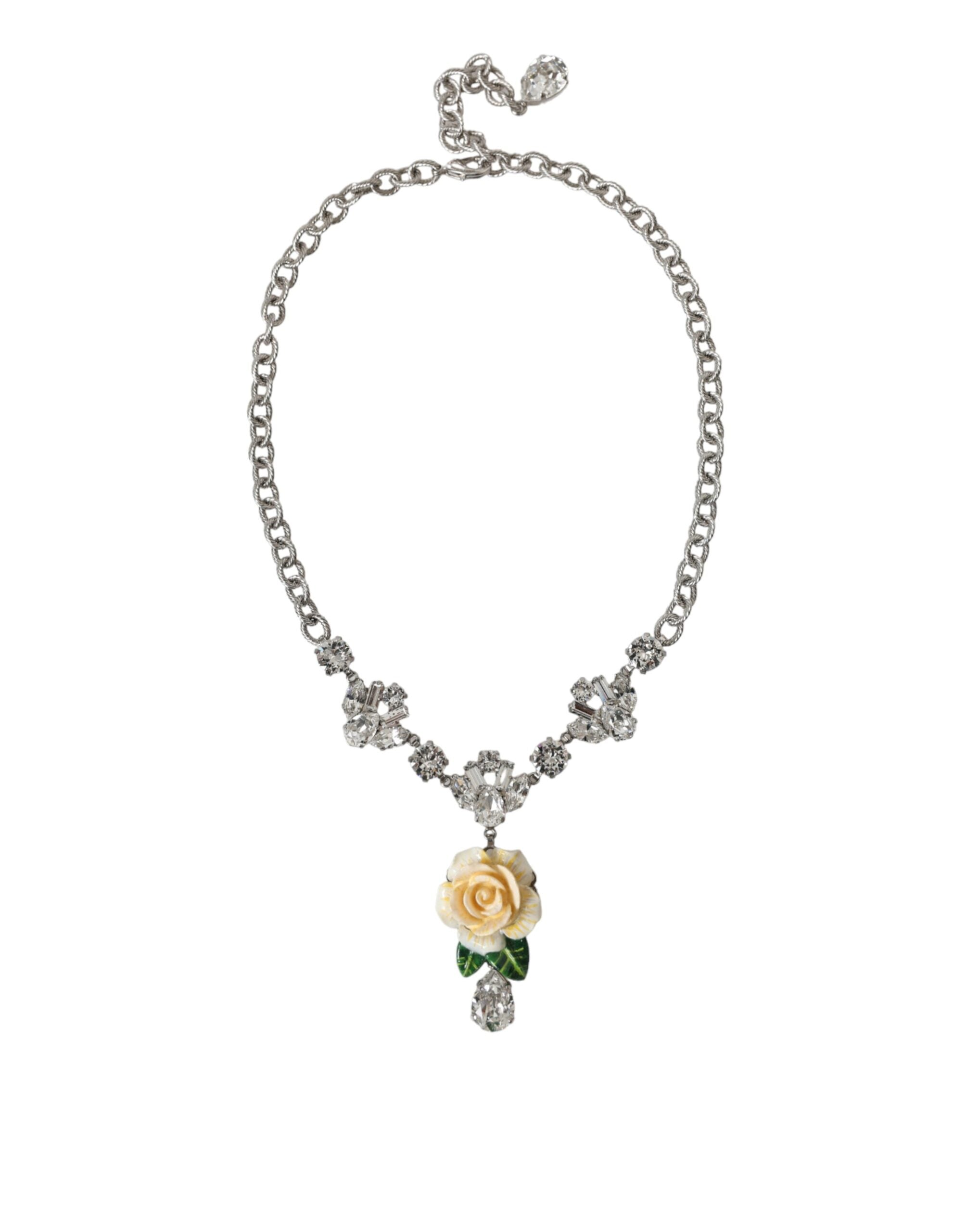Dolce & Gabbana Silver Brass Clear Crystal Roses Pendants Necklace LUNESCAPE