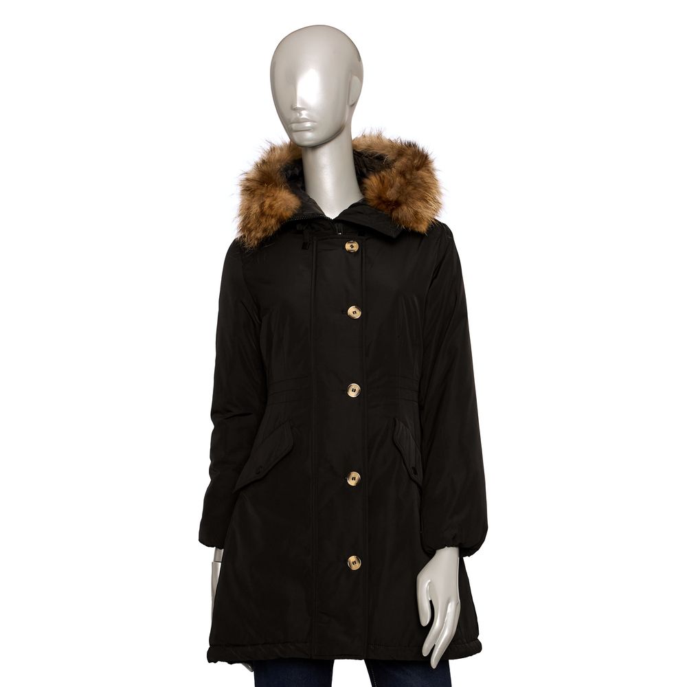 Baldinini Trend Black Mid-Hip Parka with Eco-Fur Collar LUNESCAPE