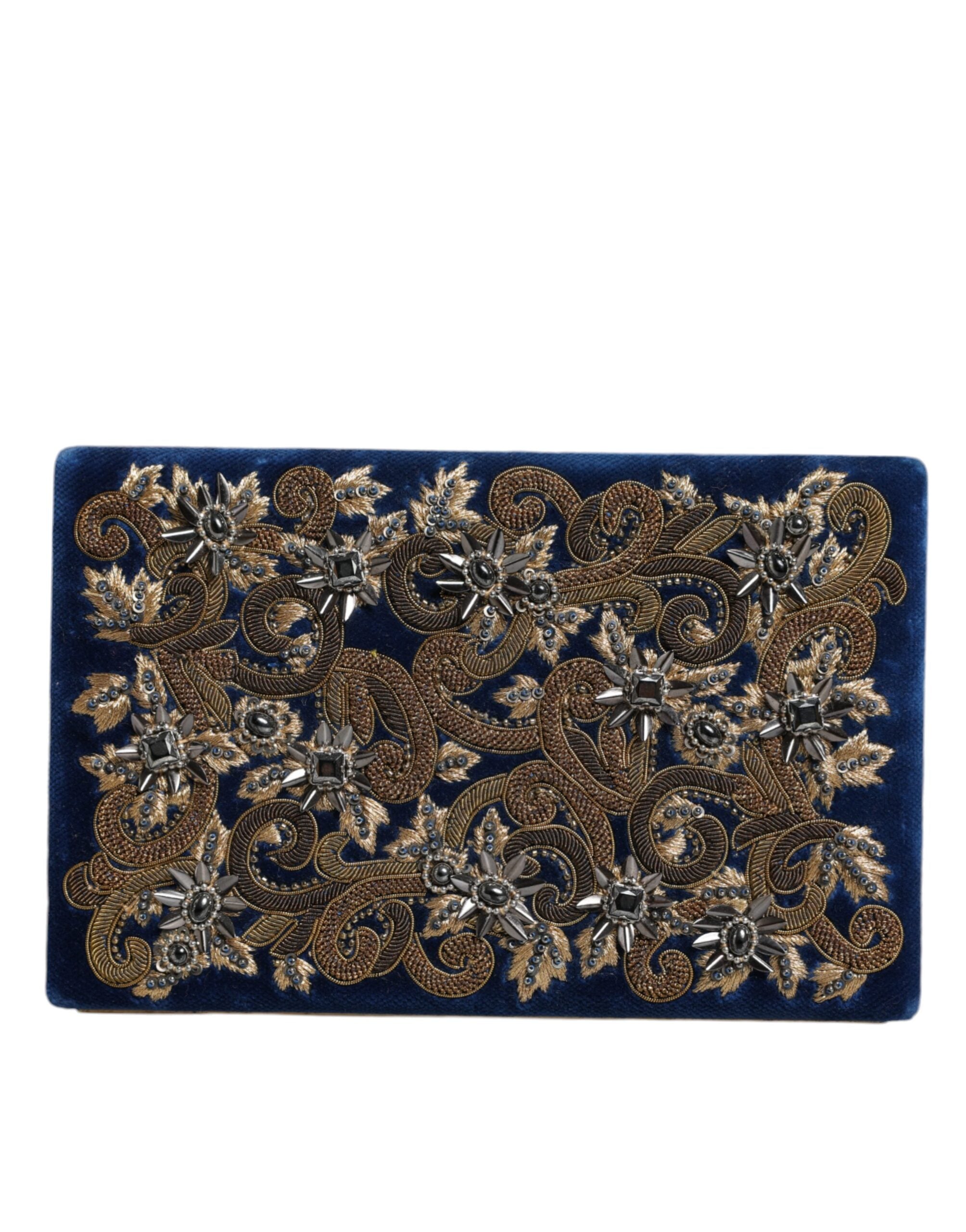 Dolce & Gabbana Blue Velvet Gold Frame Clutch Evening Party Purse Bag LUNESCAPE