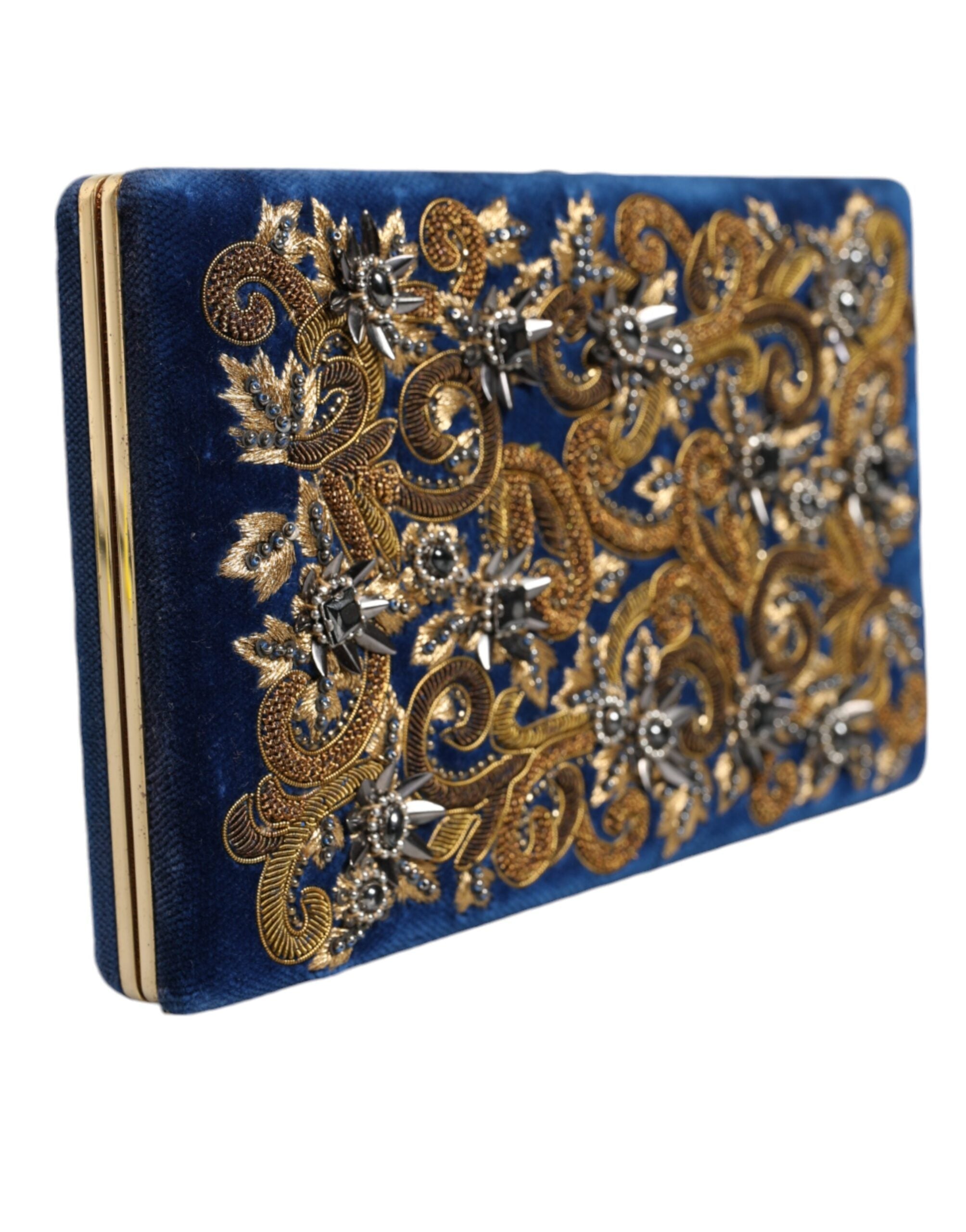 Dolce & Gabbana Blue Velvet Gold Frame Clutch Evening Party Purse Bag LUNESCAPE