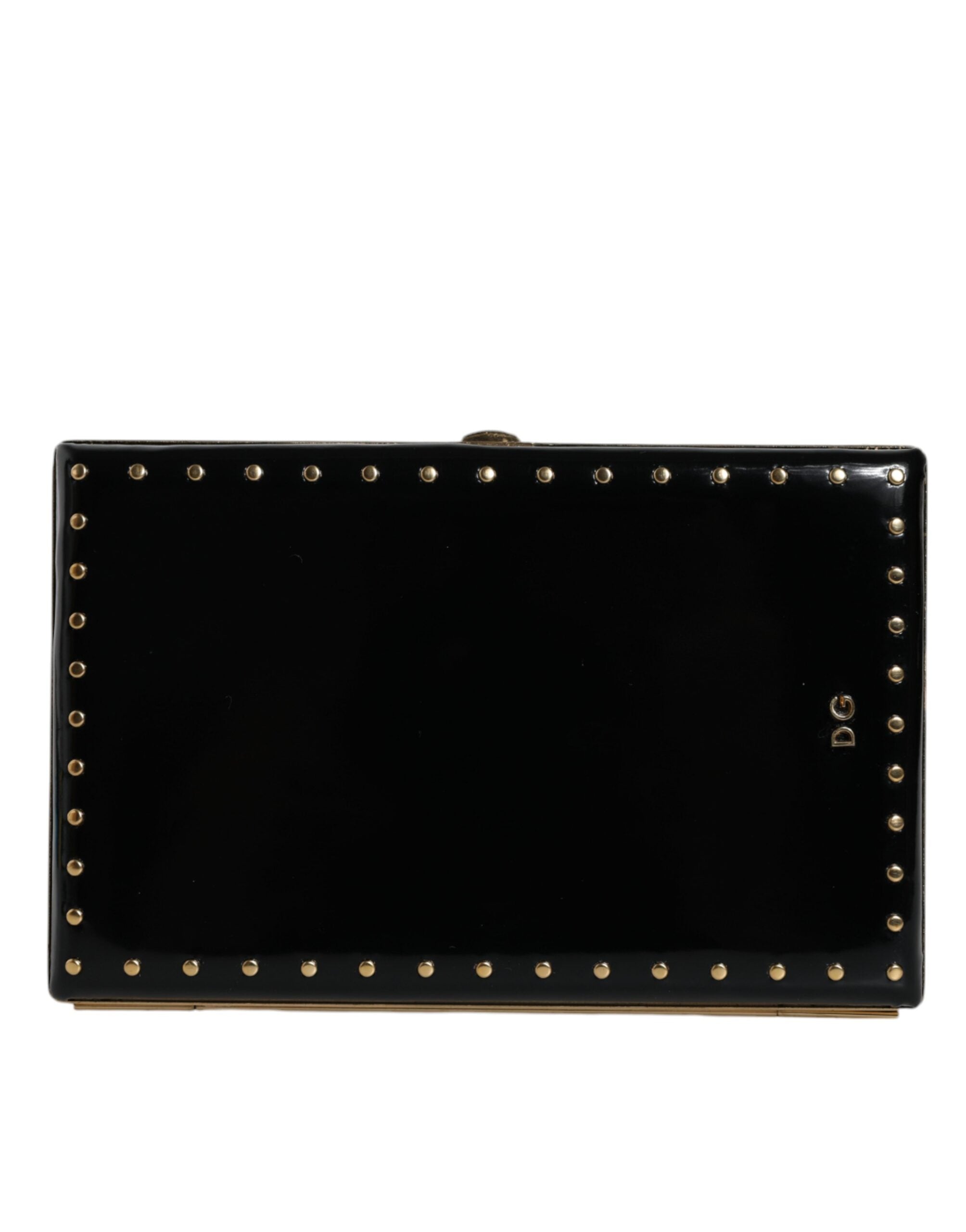 Dolce & Gabbana Black Leather Studs Gold Frame Clutch Evening Purse Bag LUNESCAPE