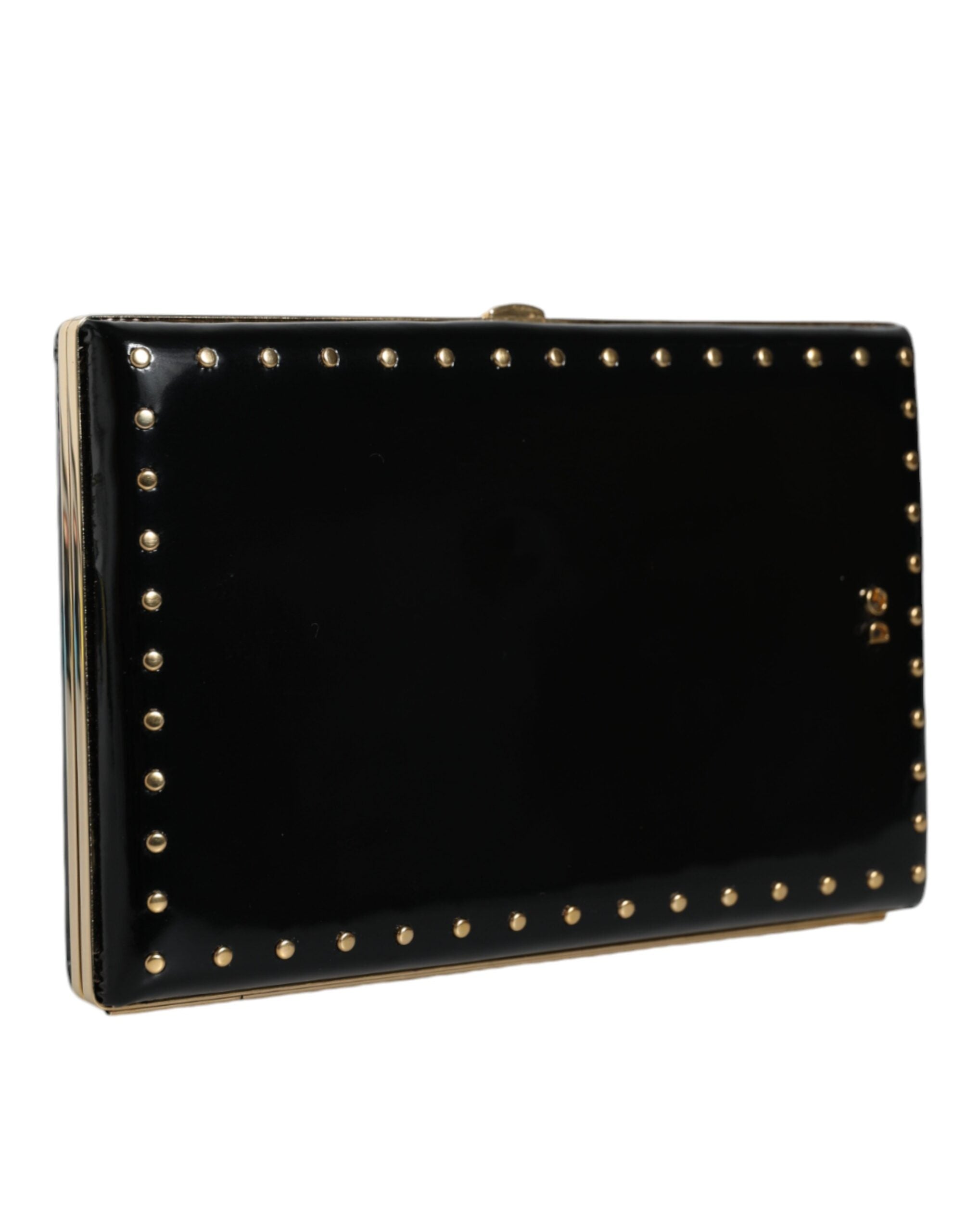 Dolce & Gabbana Black Leather Studs Gold Frame Clutch Evening Purse Bag LUNESCAPE