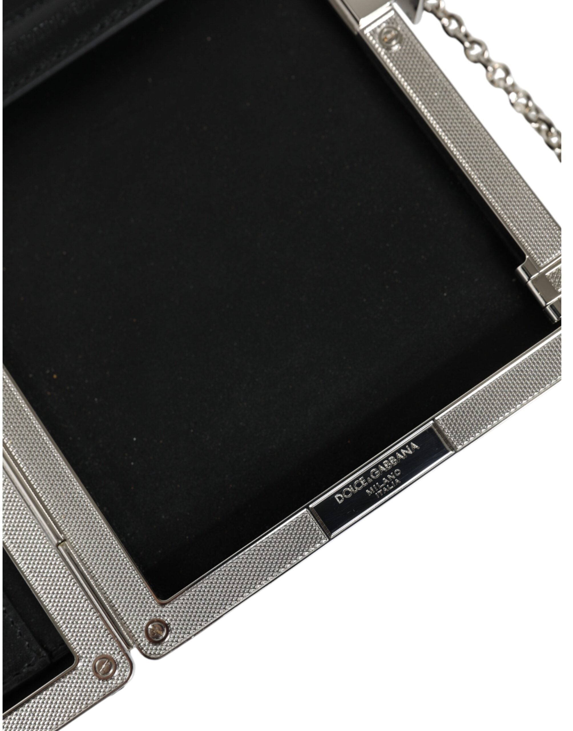 Dolce & Gabbana Black Leather Silver Frame Clutch Mini Crossbody Bag LUNESCAPE