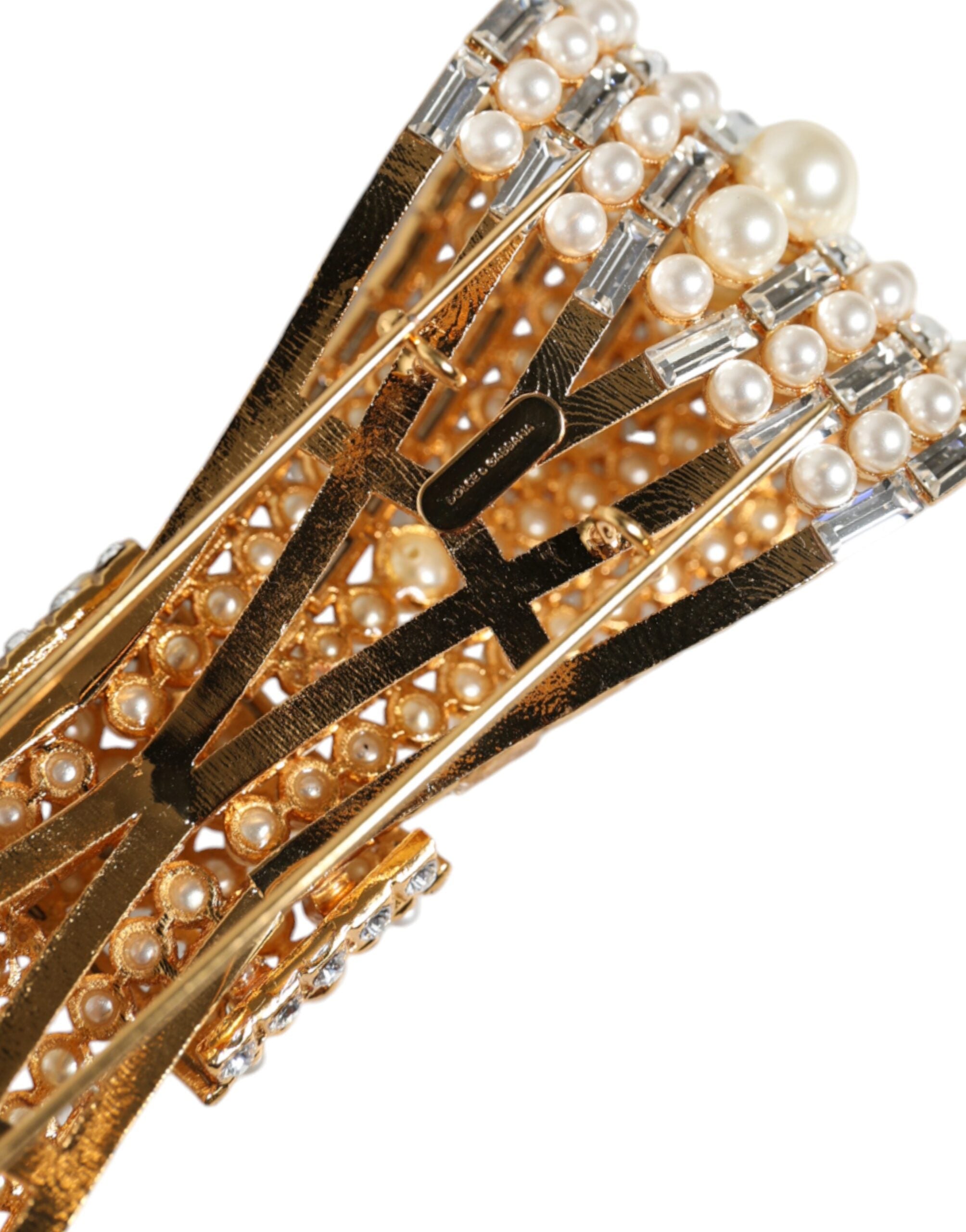 Dolce & Gabbana Gold Tone Brass Bow Crystal FauxPearl Embellished Brooch LUNESCAPE