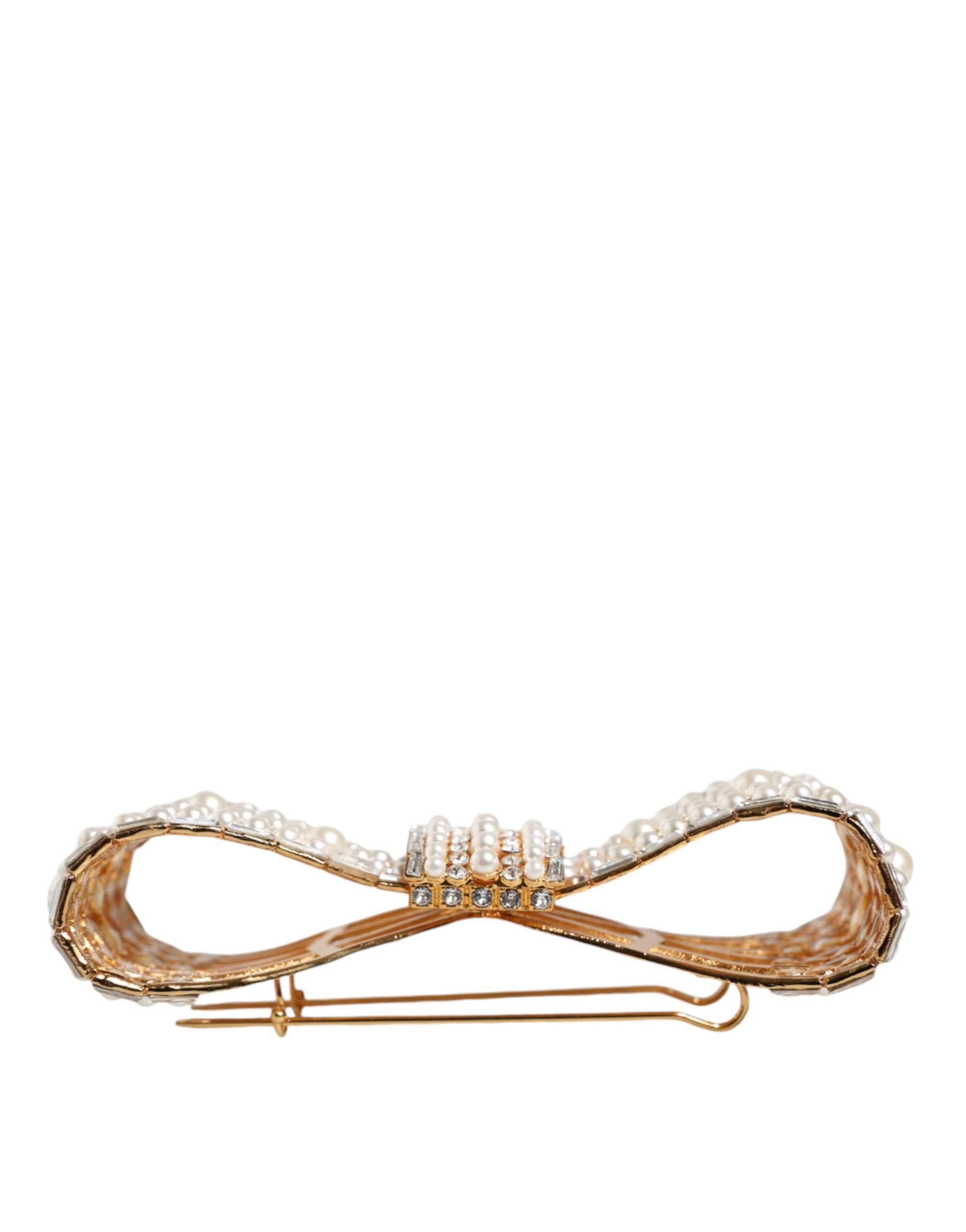 Dolce & Gabbana Gold Tone Brass Bow Crystal FauxPearl Embellished Brooch LUNESCAPE