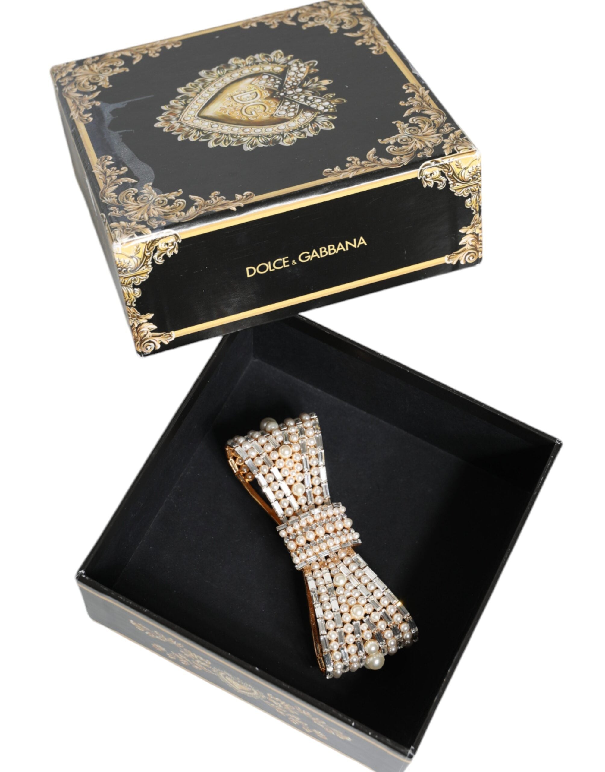 Dolce & Gabbana Gold Tone Brass Bow Crystal FauxPearl Embellished Brooch LUNESCAPE