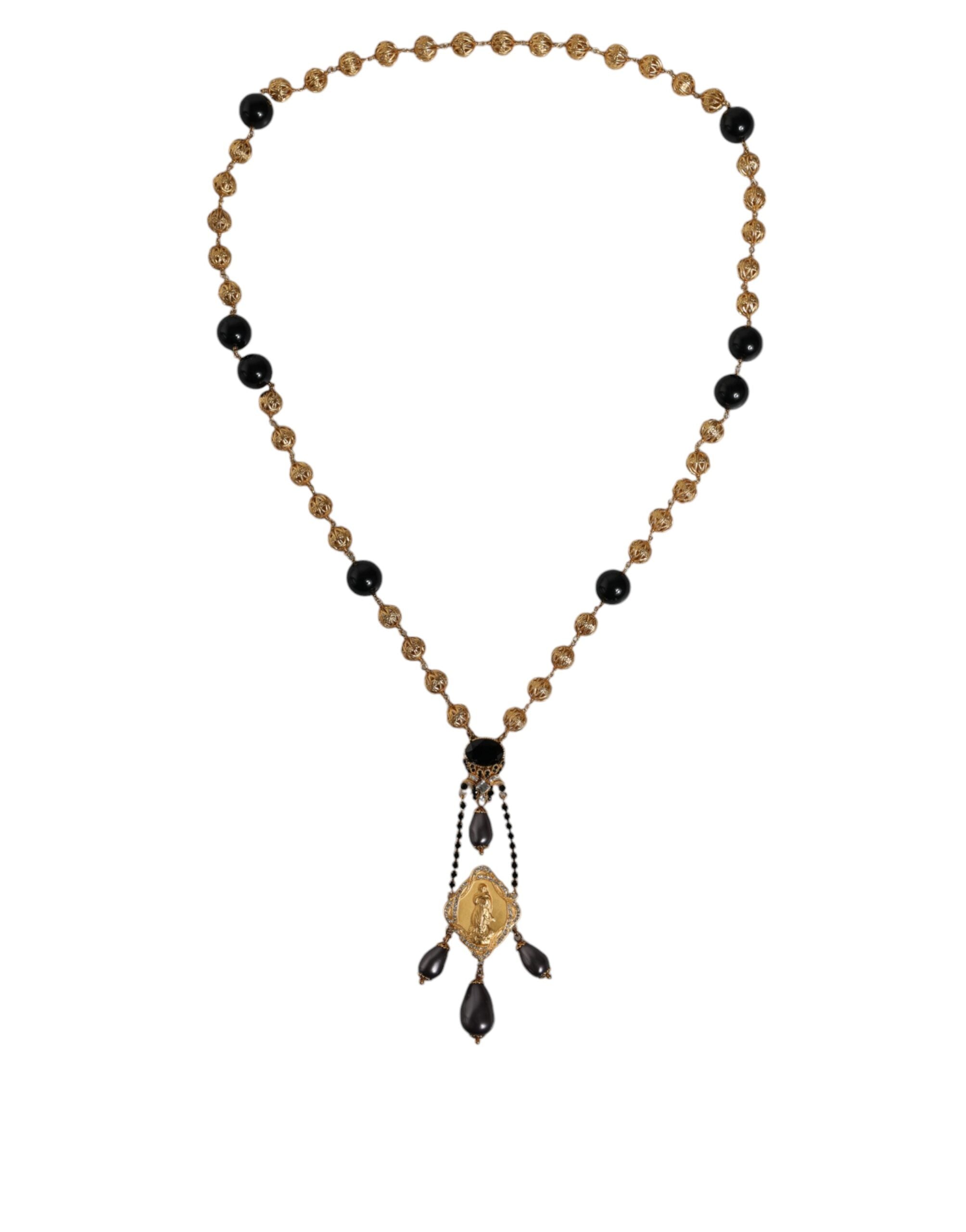 Dolce & Gabbana Gold Chain Brass Black Beaded Rosary Style Necklace LUNESCAPE