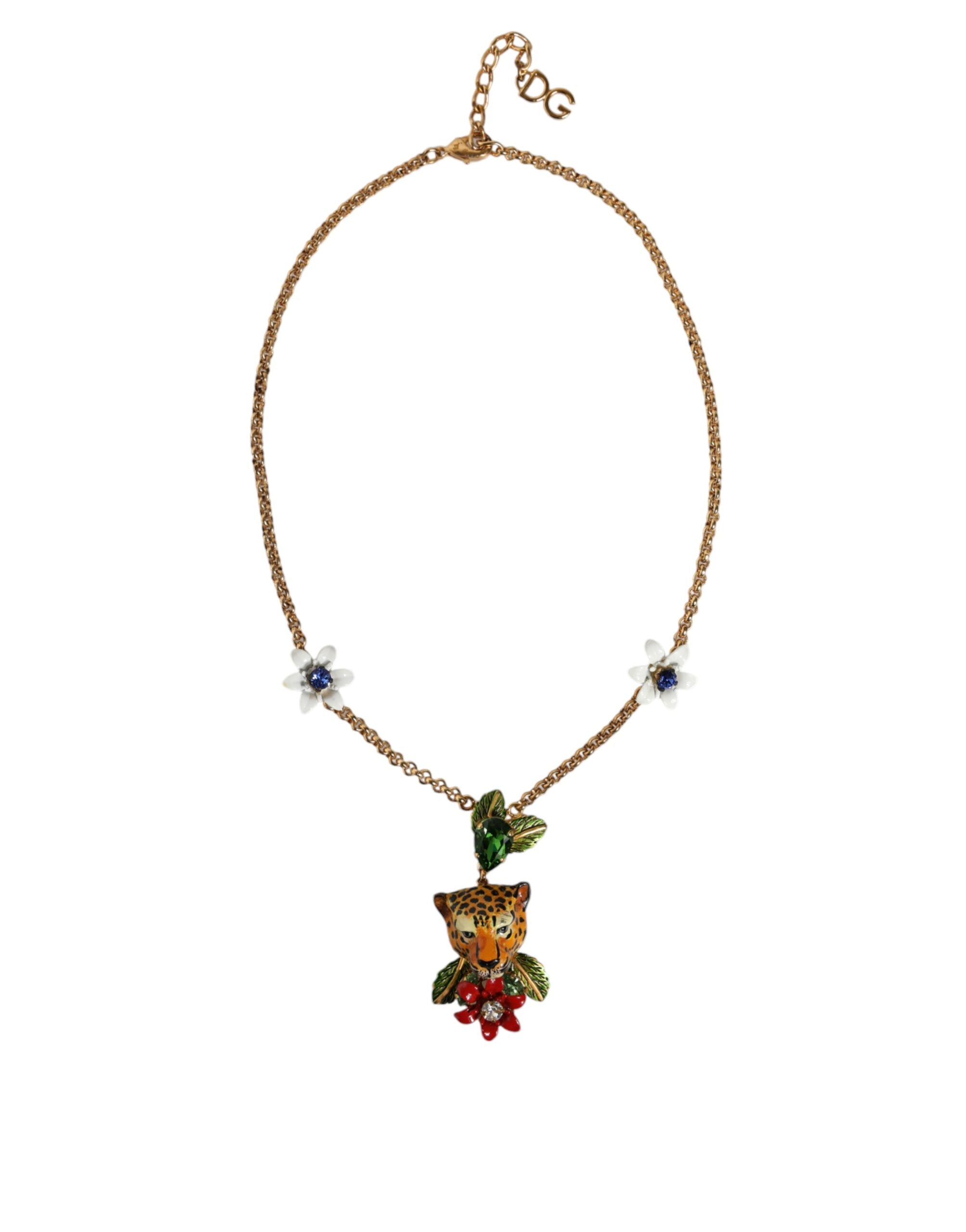 Dolce & Gabbana Gold Brass Leopard Flower Embellished Statement Necklace LUNESCAPE