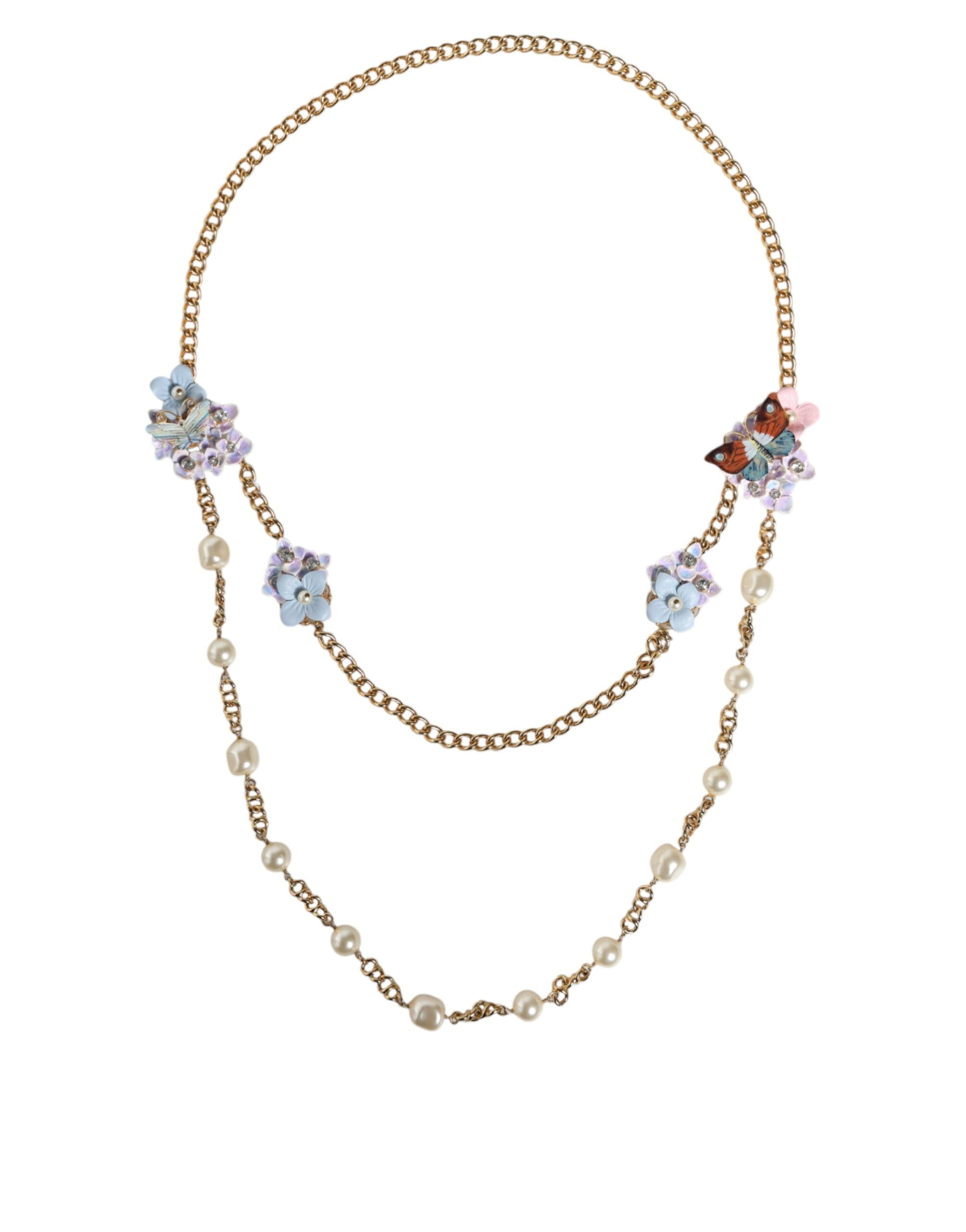 Dolce & Gabbana Gold Chain Brass Floral Layered Crystal Pearl Necklace LUNESCAPE