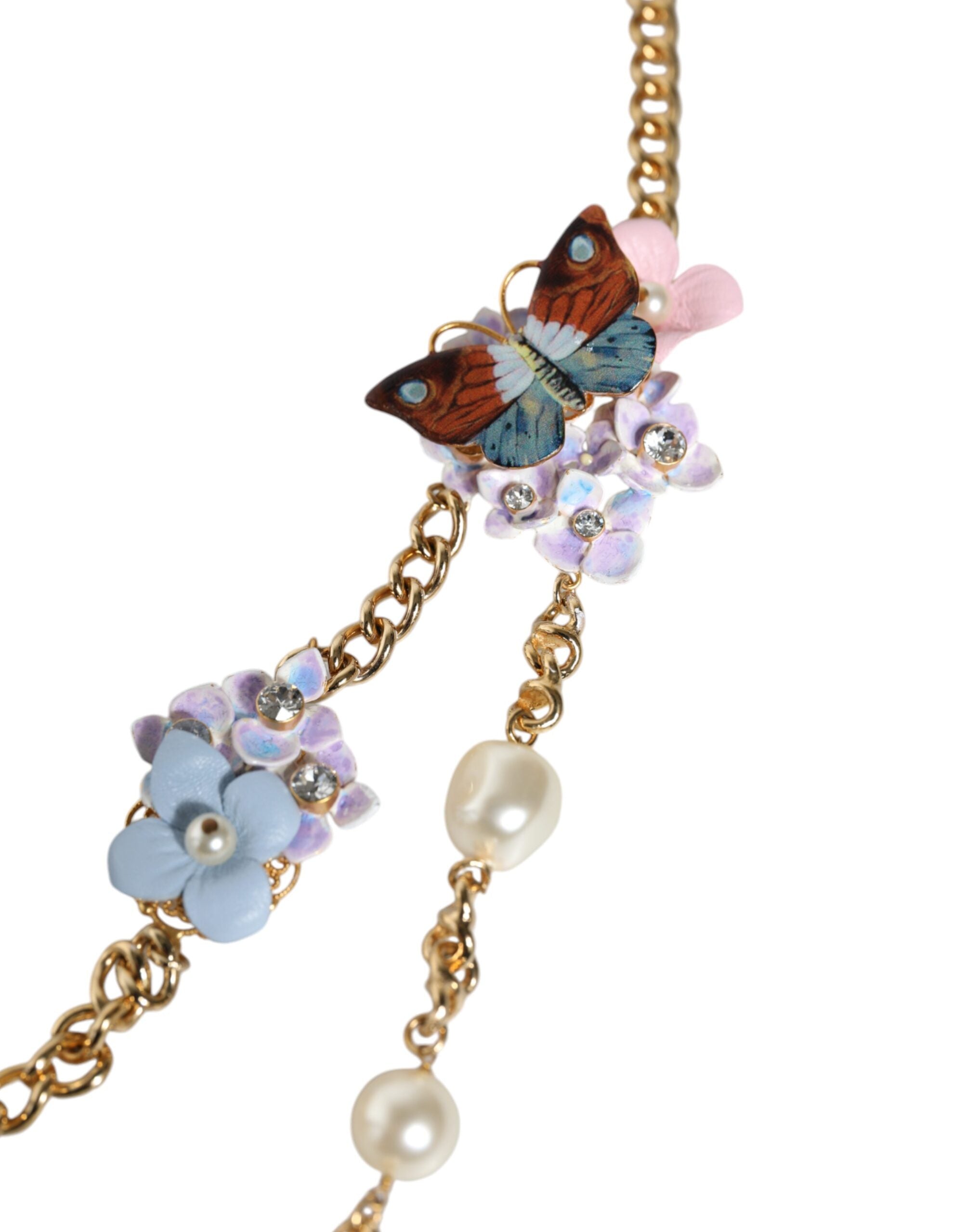 Dolce & Gabbana Gold Chain Brass Floral Layered Crystal Pearl Necklace LUNESCAPE