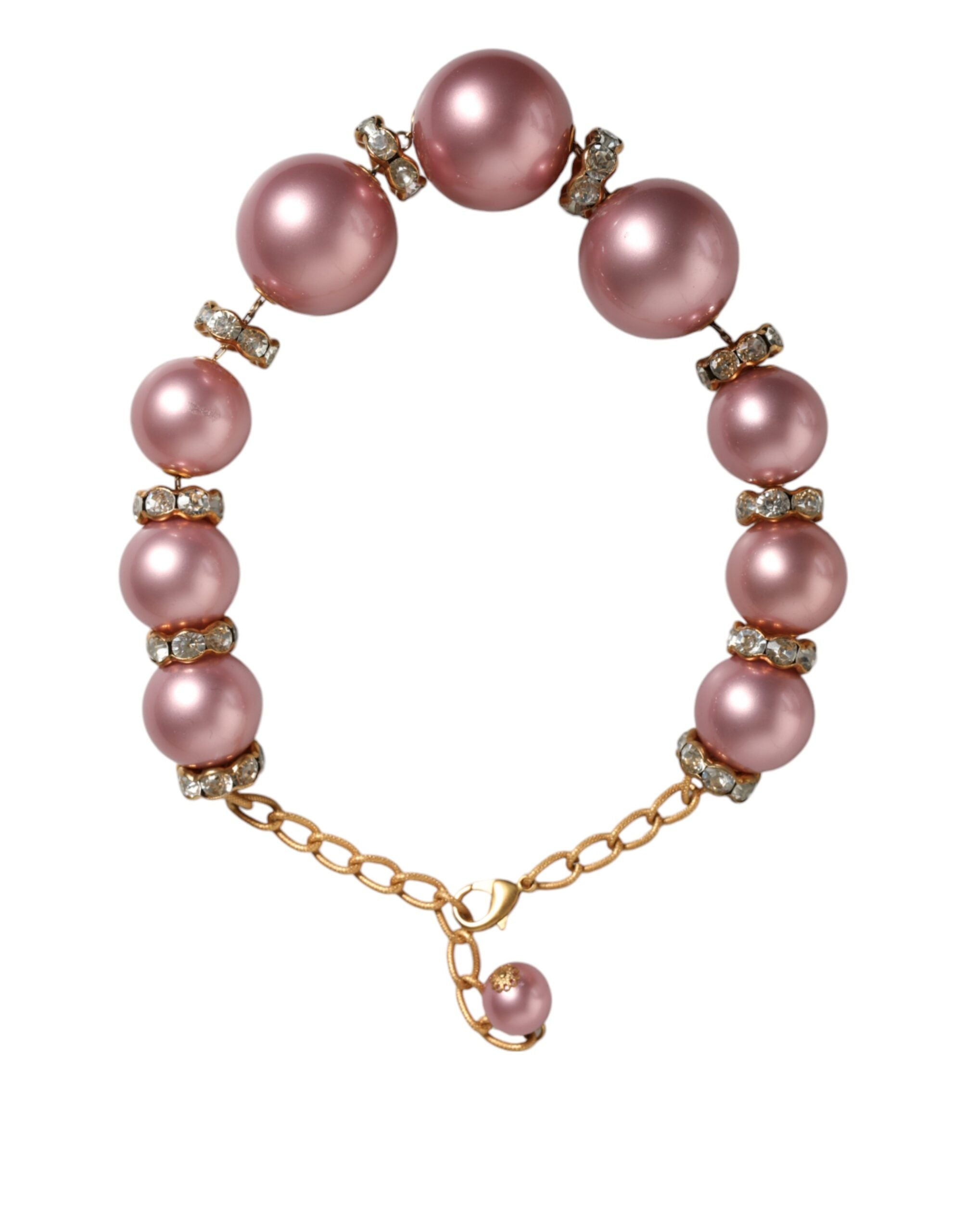 Dolce & Gabbana Pink Maxi Faux Pearl Beads Crystals Gold Chain Necklace LUNESCAPE