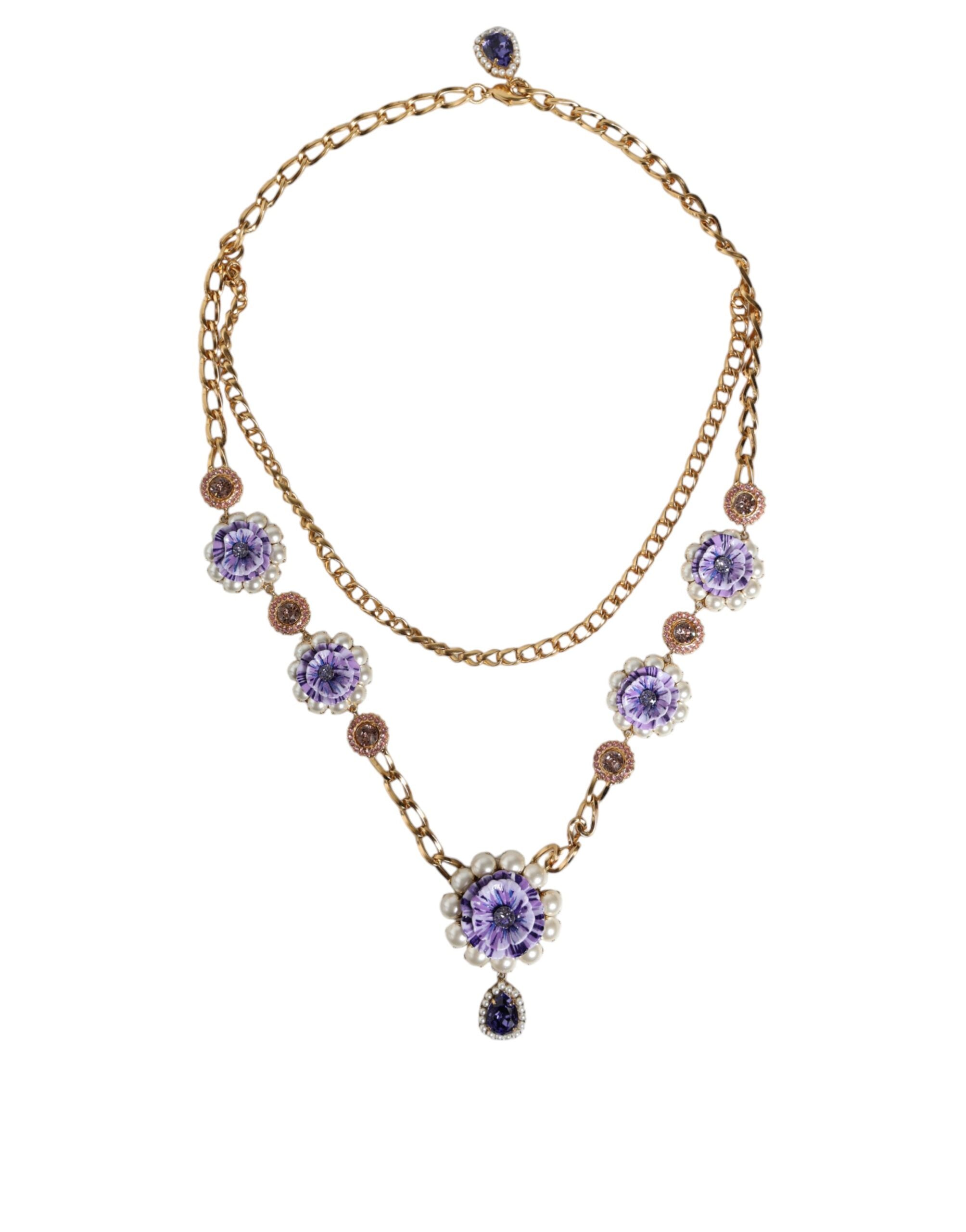 Dolce & Gabbana Gold Tone Floral Crystals Embellished Layered Necklace LUNESCAPE