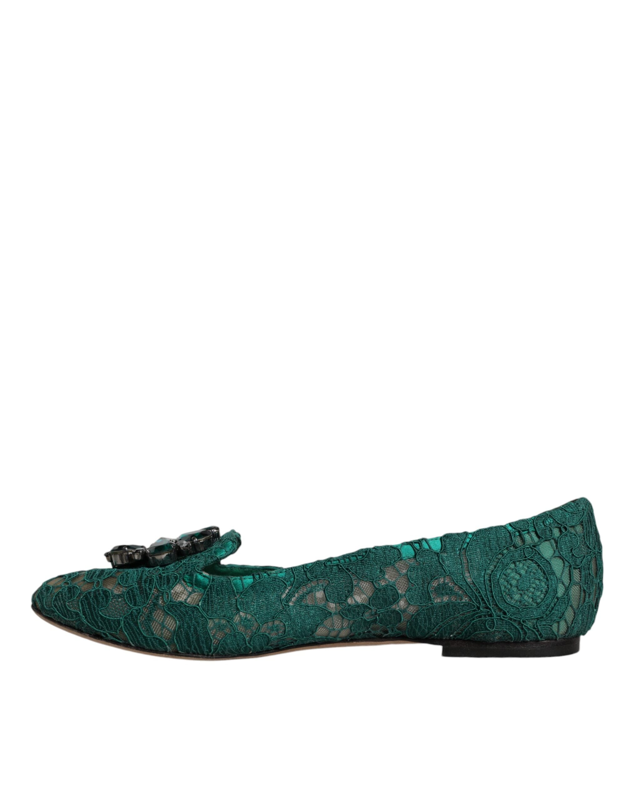 Dolce & Gabbana Green Lace Crystal Ballet Flats Loafers Shoes LUNESCAPE