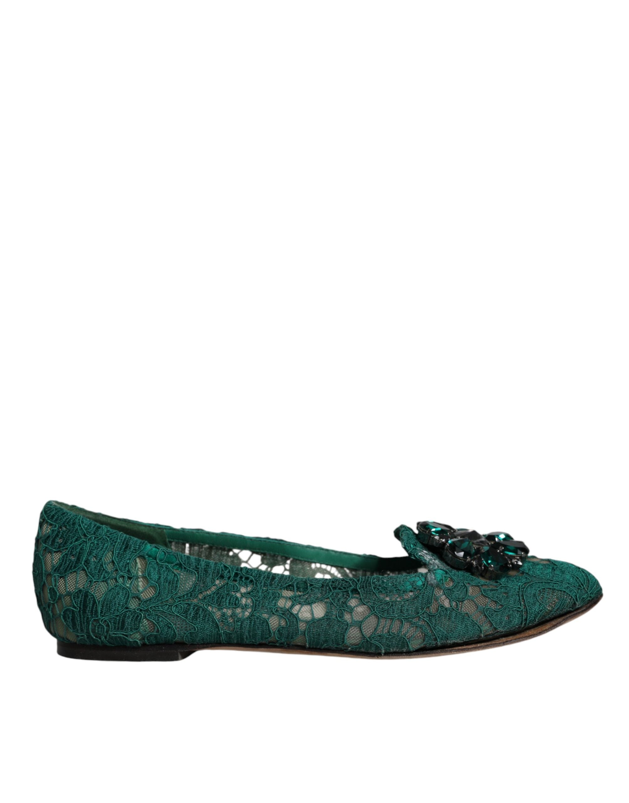 Dolce & Gabbana Green Lace Crystal Ballet Flats Loafers Shoes LUNESCAPE