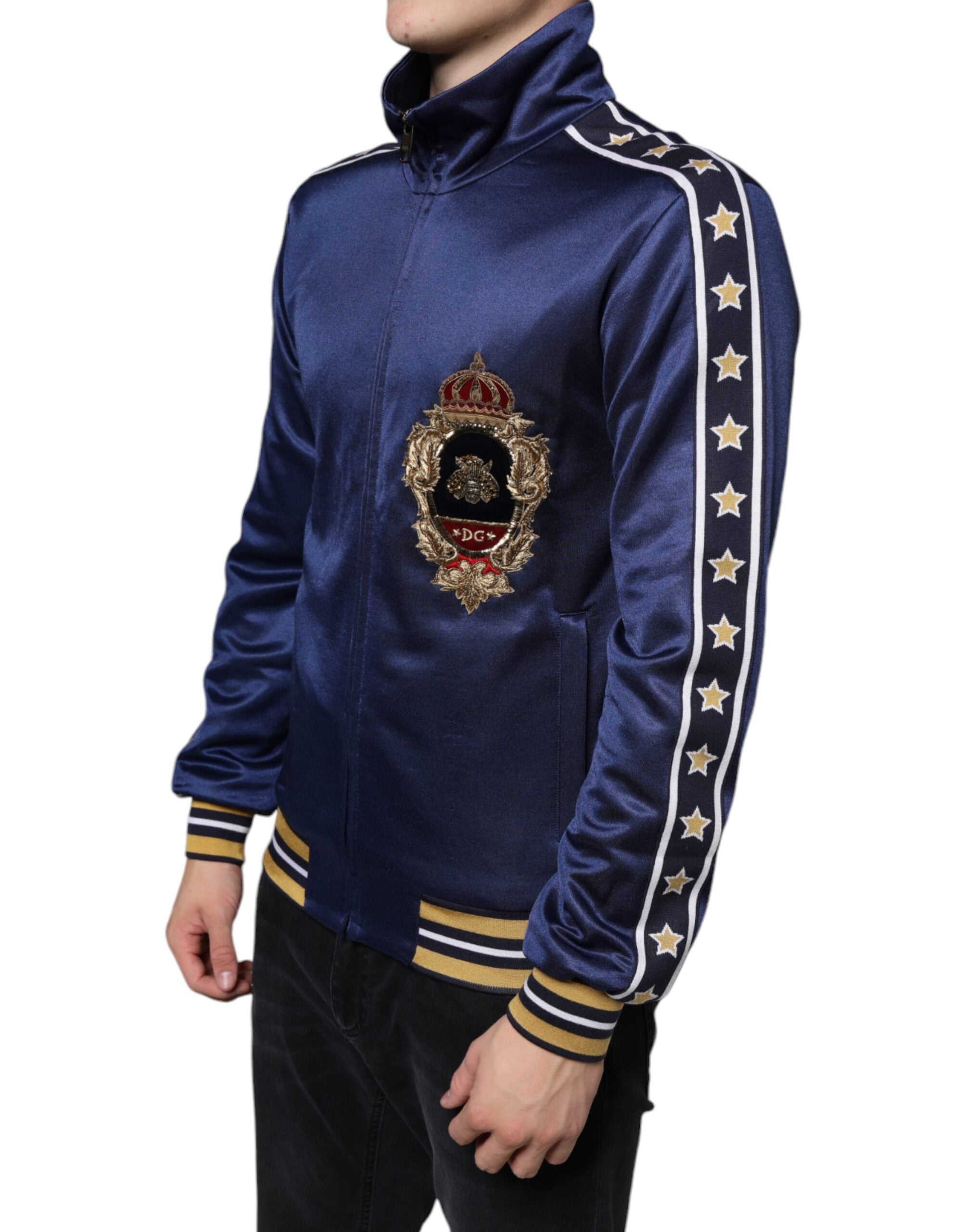 Dolce & Gabbana Blue Heraldic Patch Stripe King Bee Bomber