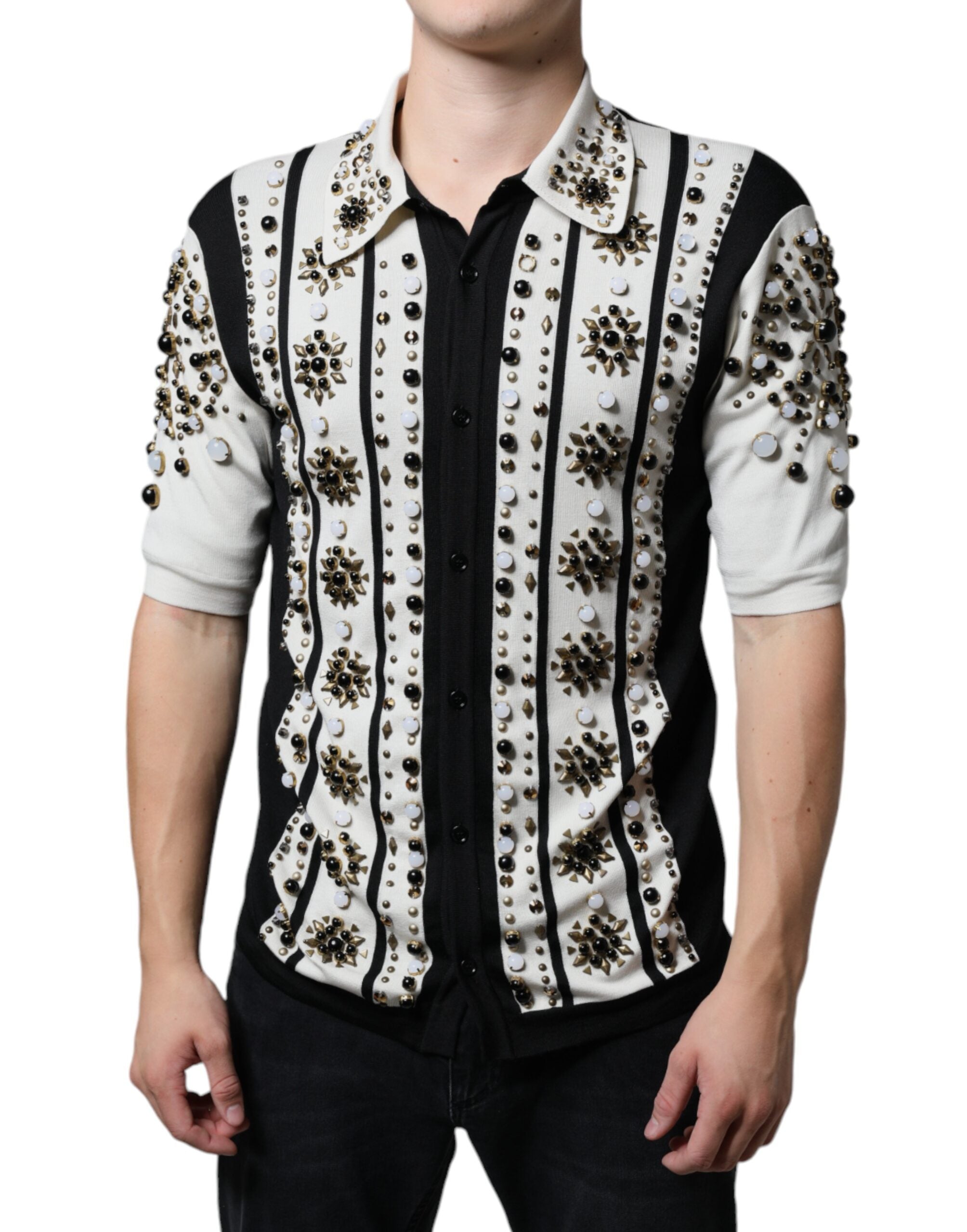 Dolce & Gabbana White Black Silk Studded Stone Crystal Bowling Shirt