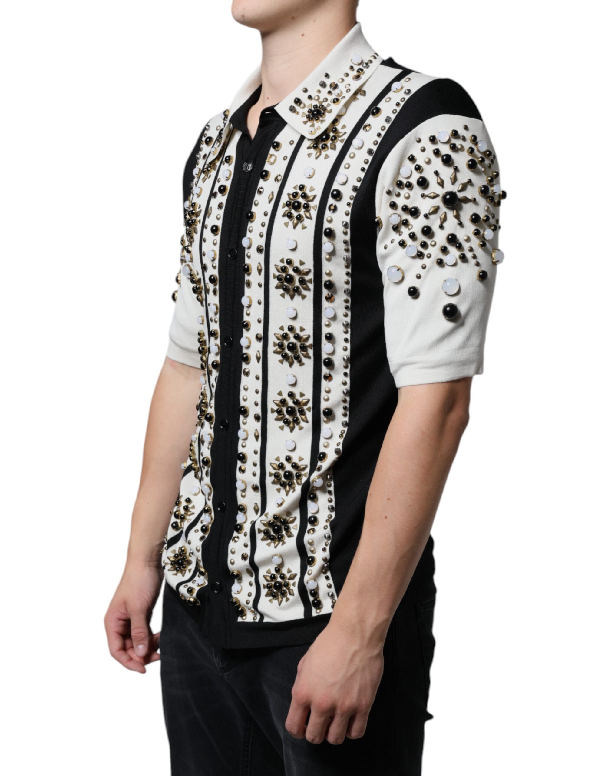Dolce & Gabbana White Black Silk Studded Stone Crystal Bowling Shirt