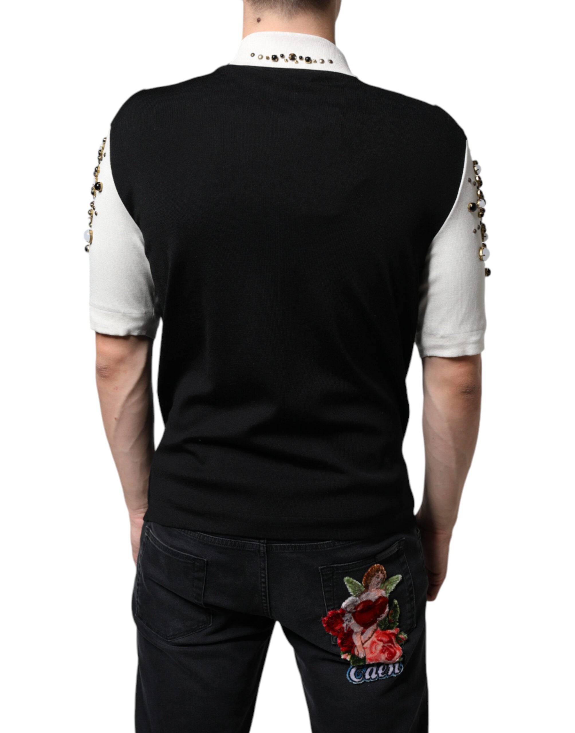 Dolce & Gabbana White Black Silk Studded Stone Crystal Bowling Shirt