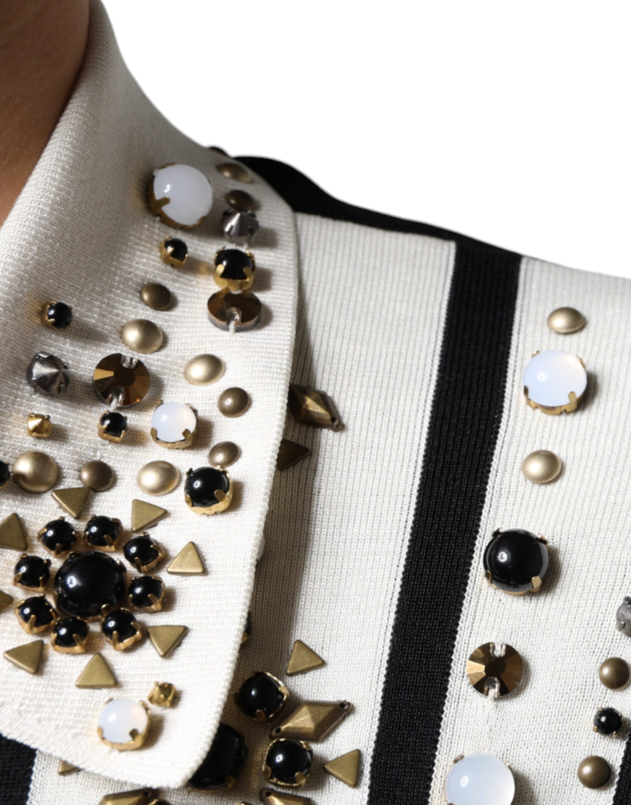 Dolce & Gabbana White Black Silk Studded Stone Crystal Bowling Shirt