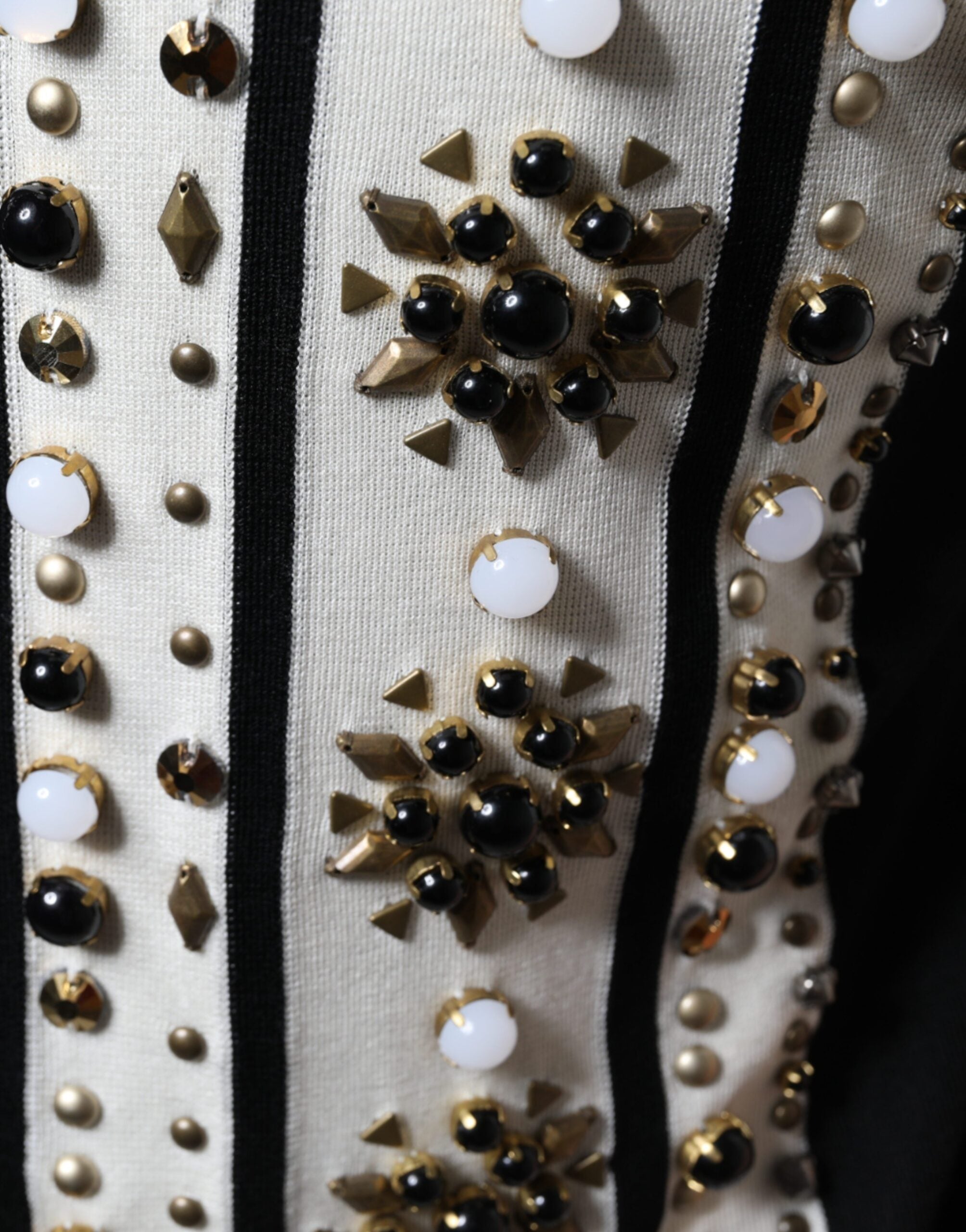 Dolce & Gabbana White Black Silk Studded Stone Crystal Bowling Shirt