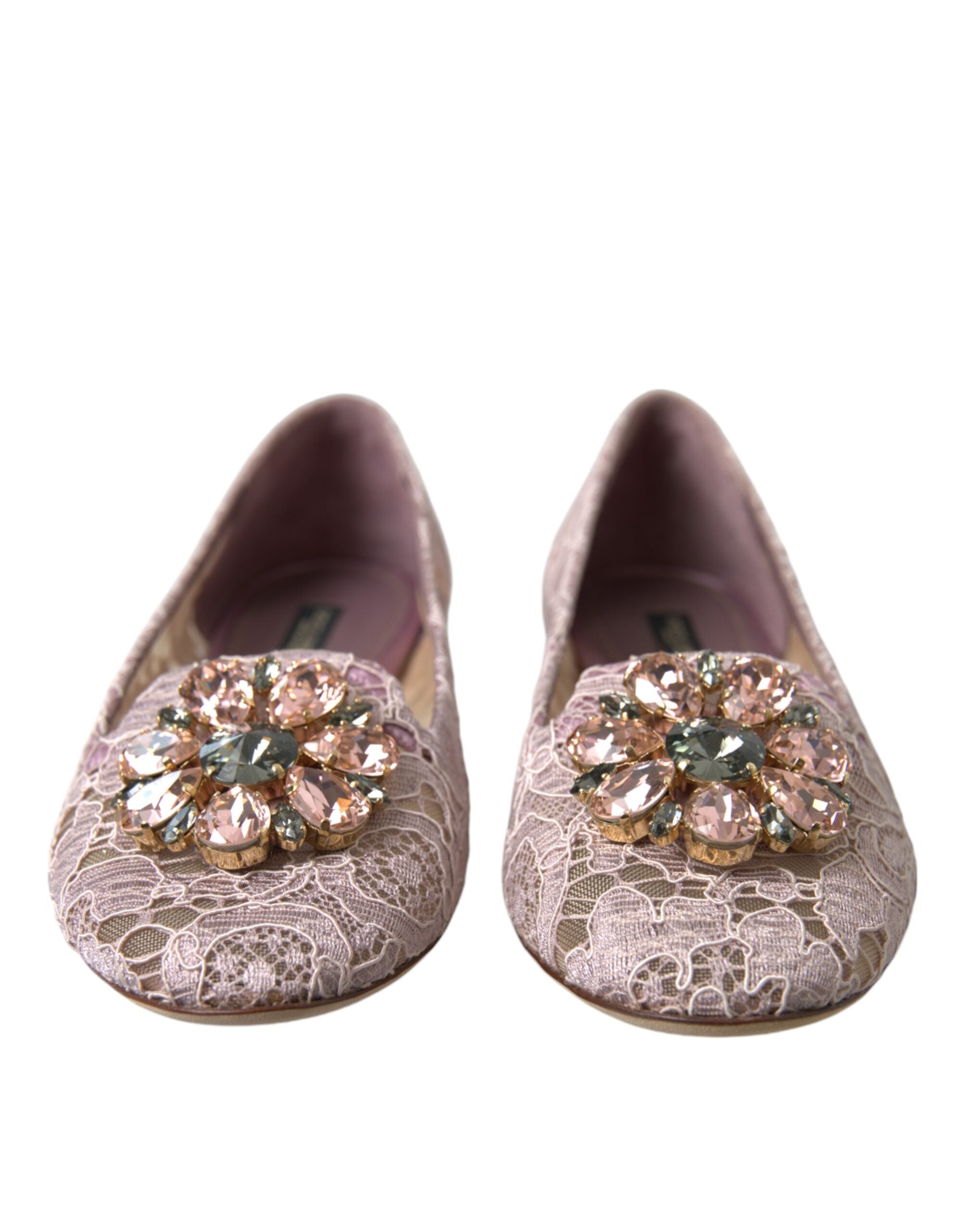 Dolce & Gabbana Pink Lace Crystal Ballet Flats Loafers Shoes LUNESCAPE