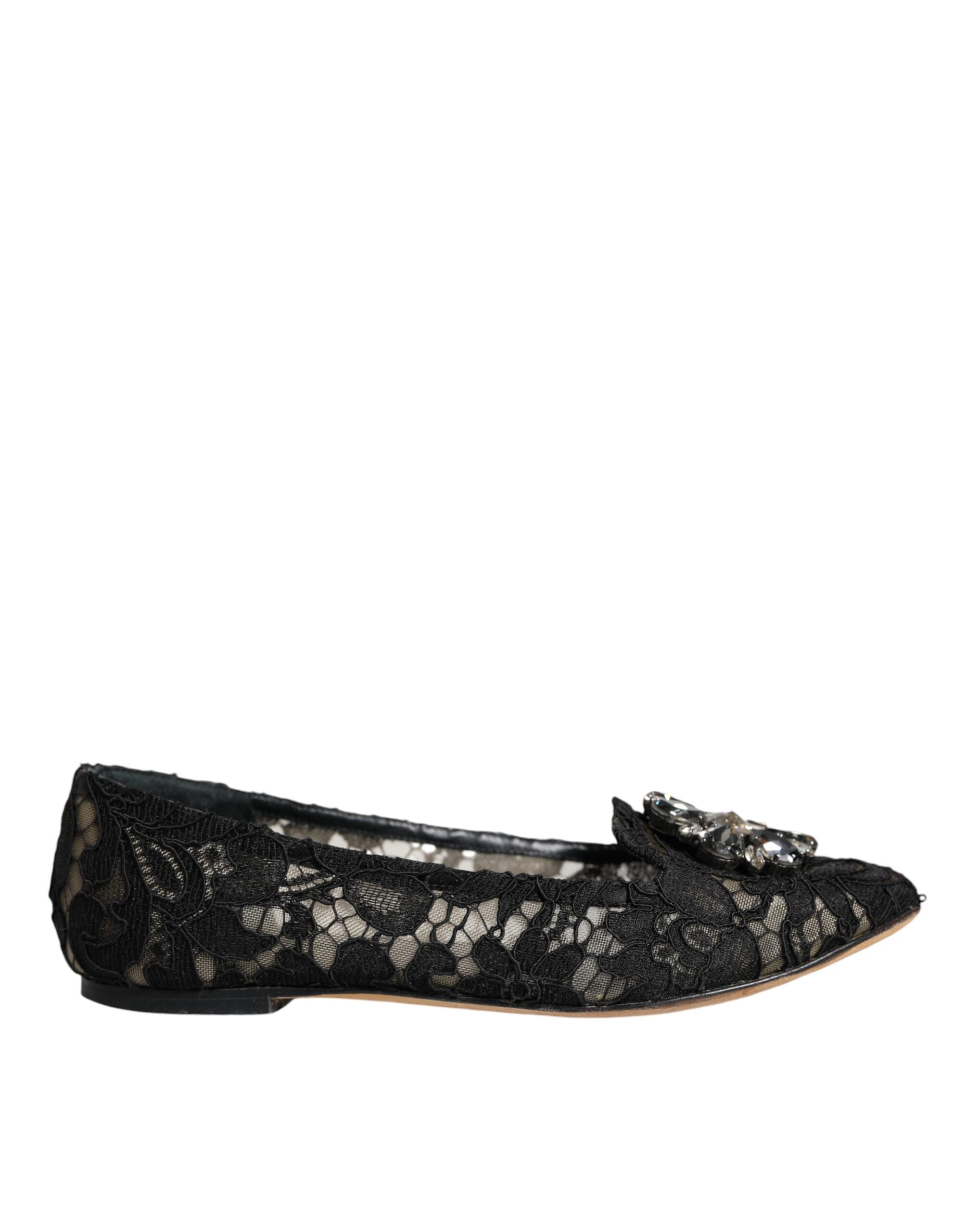 Dolce & Gabbana Black Lace Crystal Ballet Flats Loafer Shoes LUNESCAPE