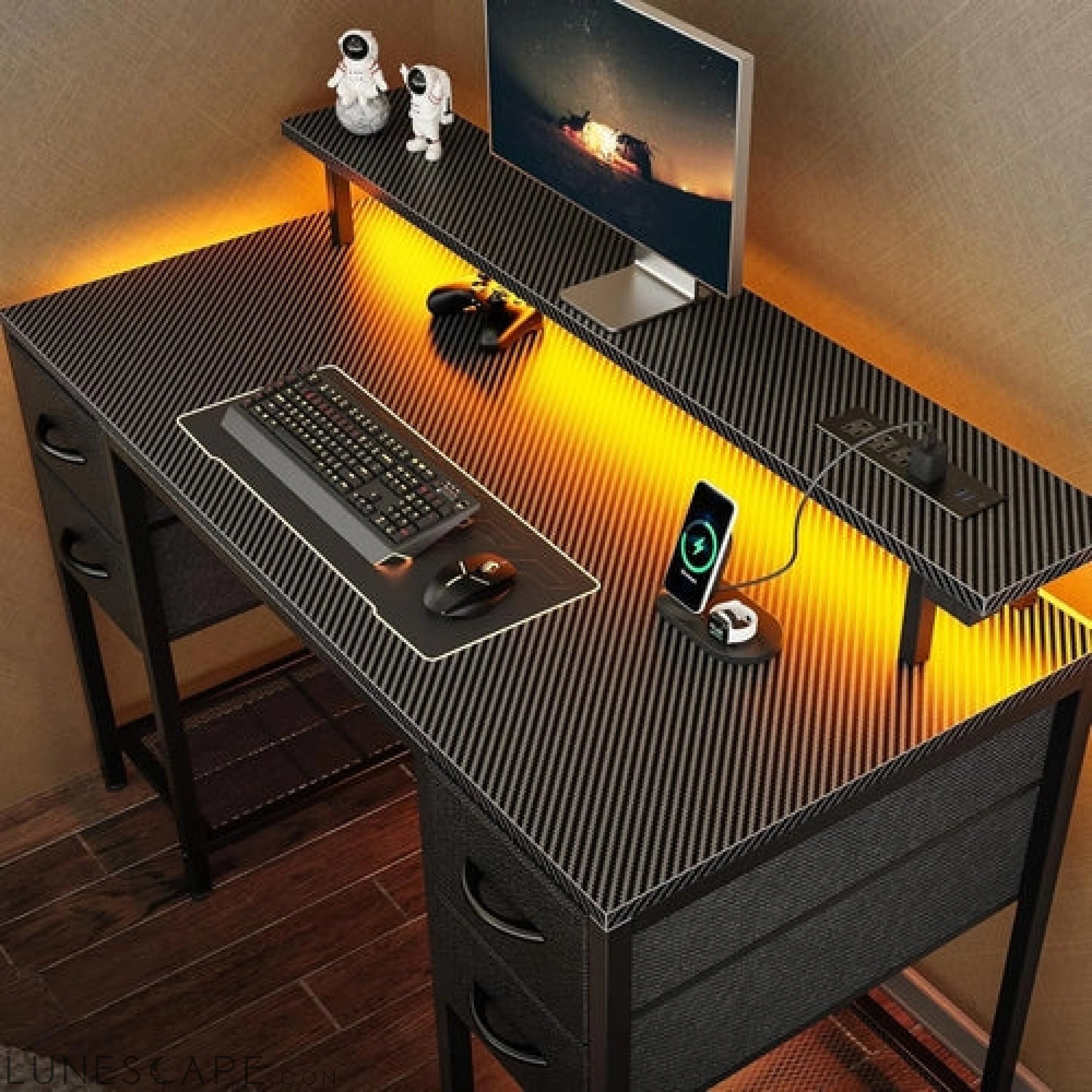 47 Inch Computer Desk with 4 Drawers, Gaming Desk with LED Lights & LUNESCAPE