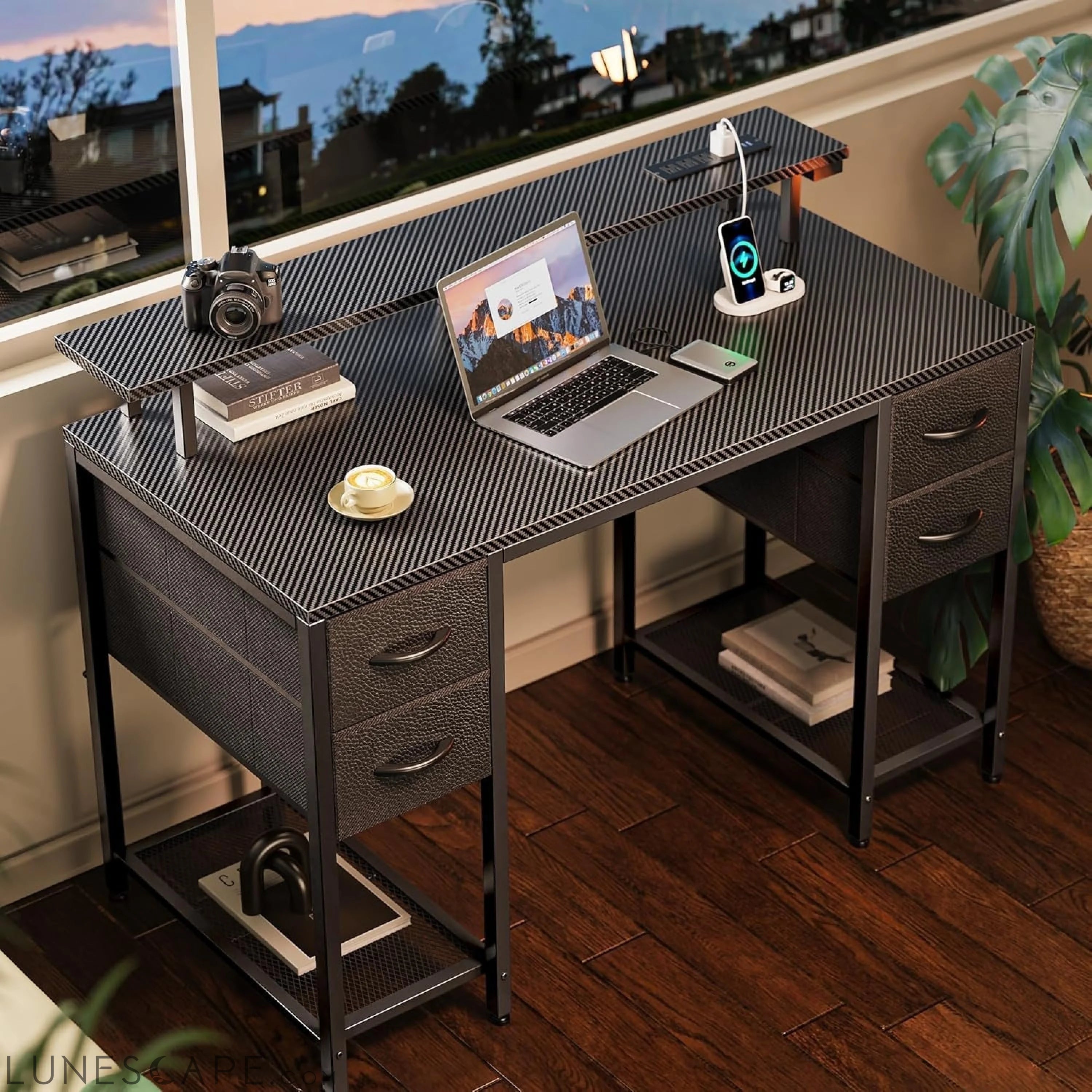 47 Inch Computer Desk with 4 Drawers, Gaming Desk with LED Lights & LUNESCAPE