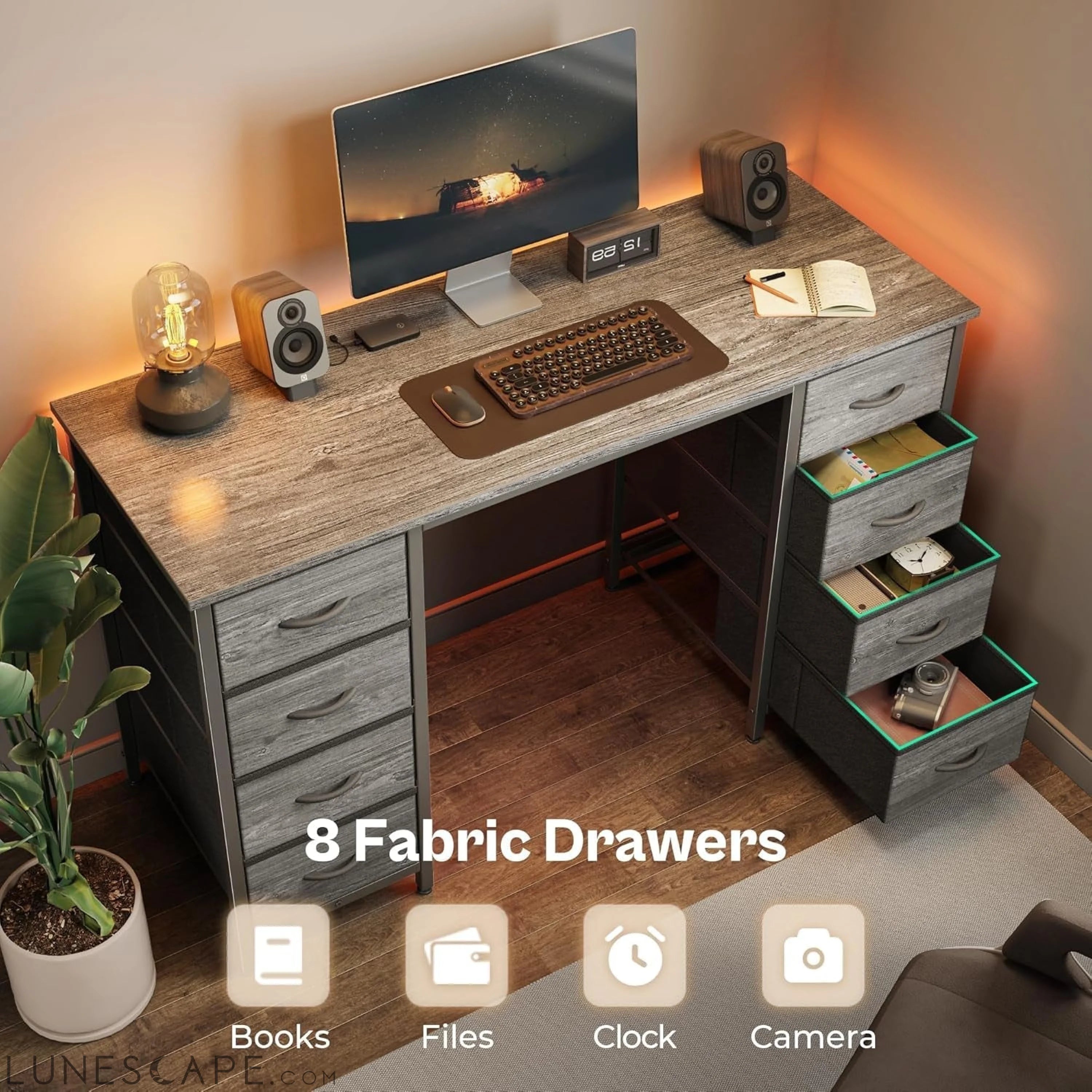 47 Inch Computer Desk with 8 Drawers, Office Desk Work Desk for Home LUNESCAPE