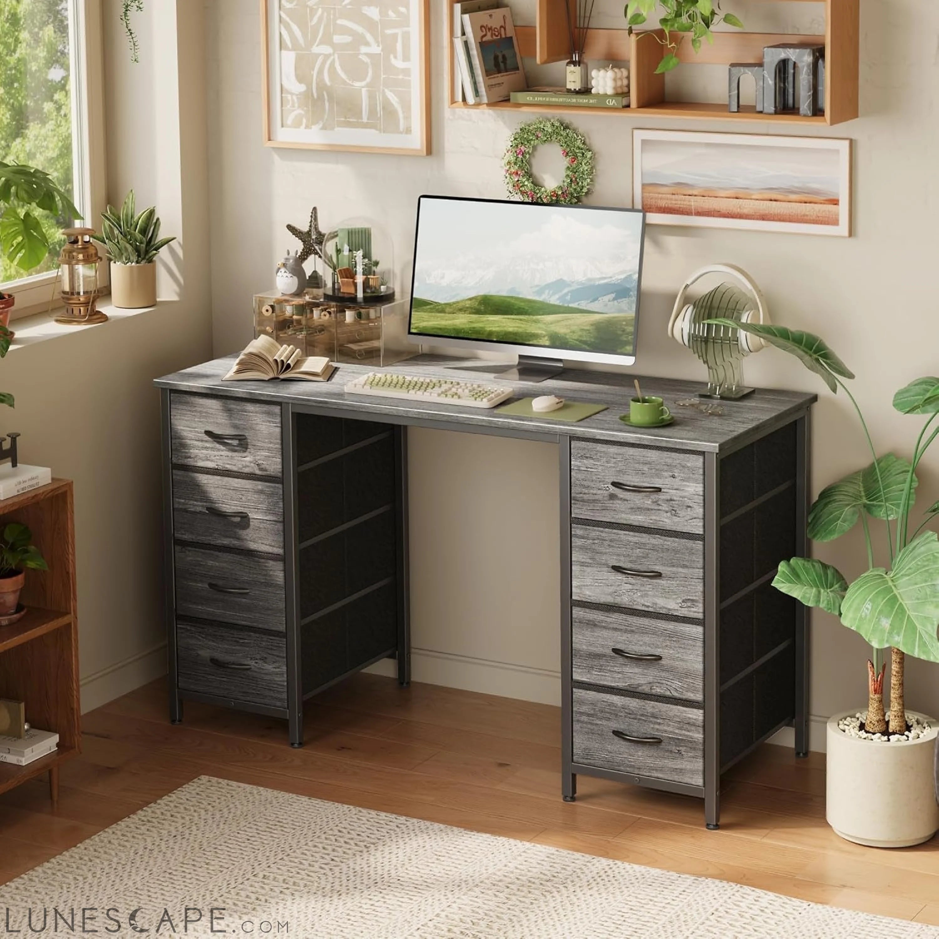 47 Inch Computer Desk with 8 Drawers, Office Desk Work Desk for Home LUNESCAPE