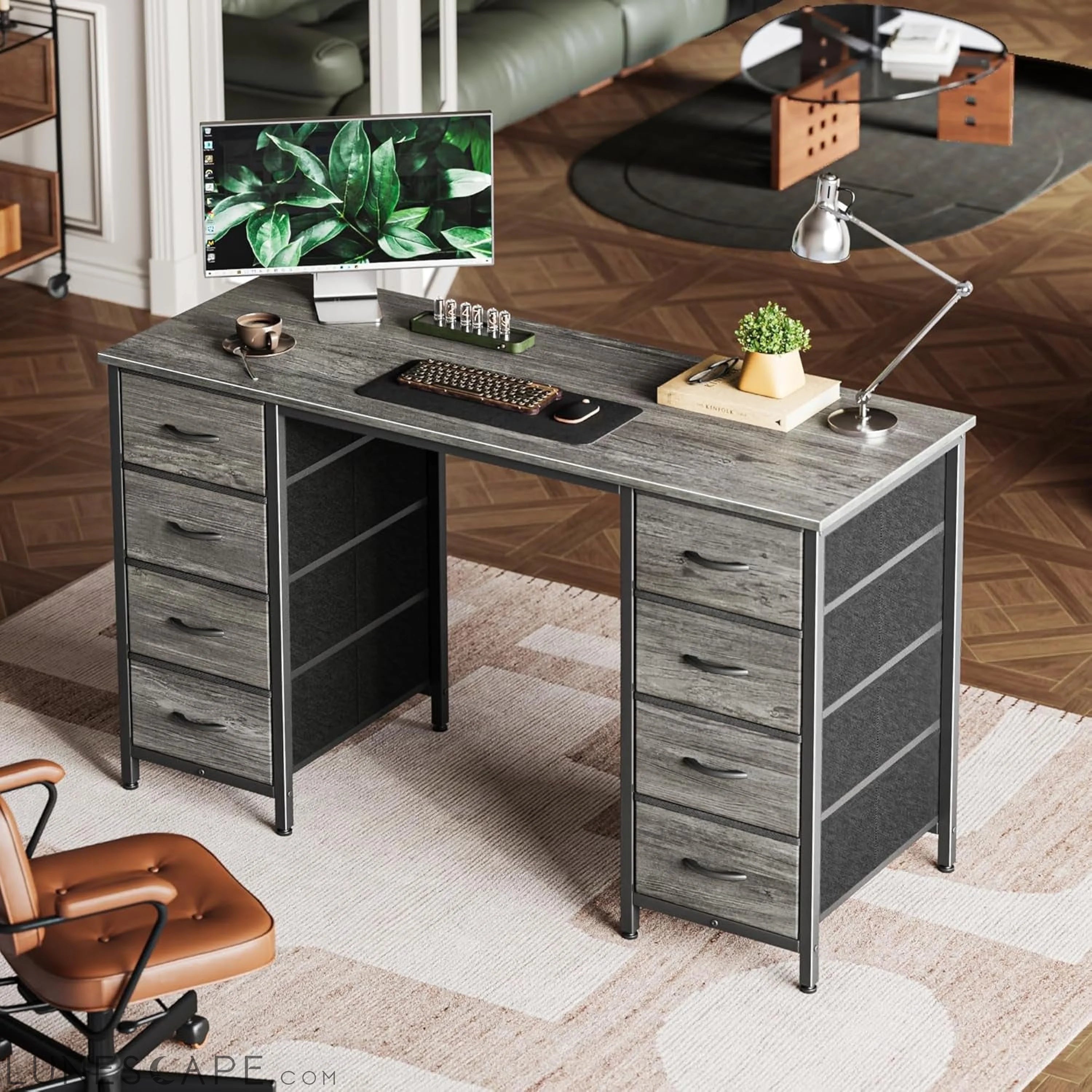 47 Inch Computer Desk with 8 Drawers, Office Desk Work Desk for Home LUNESCAPE