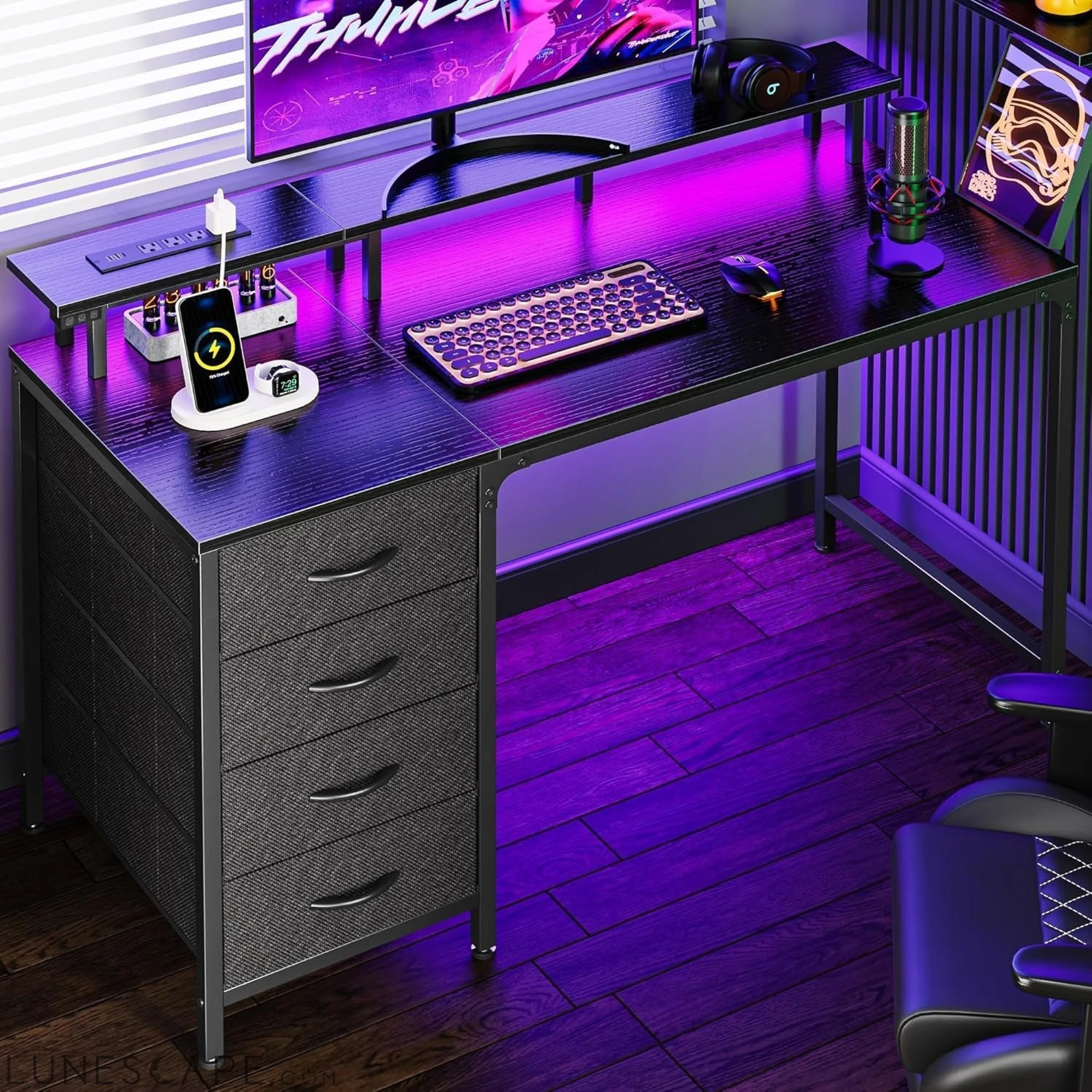 47 Inch Computer Desk with Power Outlets and LED Lights, Gaming Desk LUNESCAPE